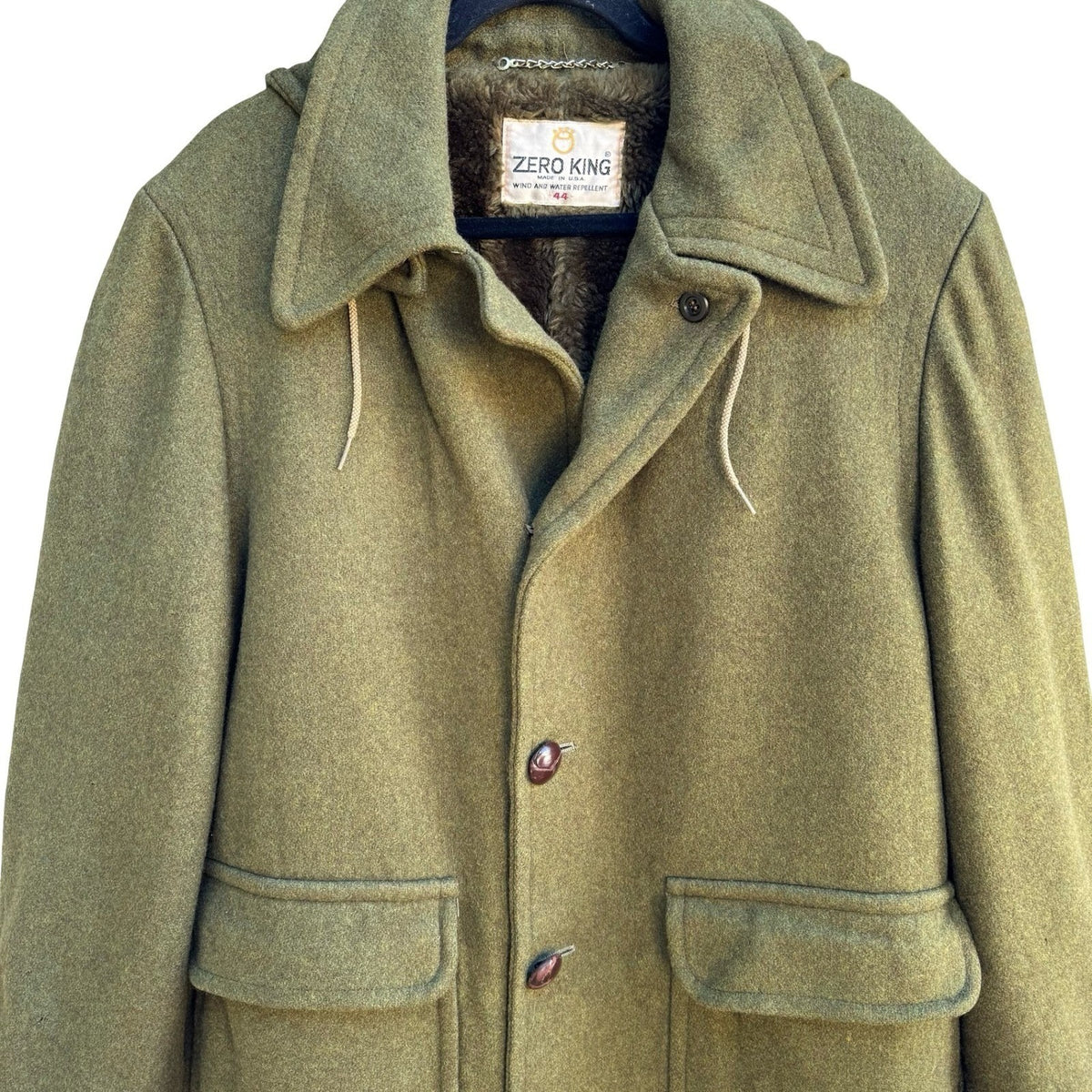 Zero King Vintage 70s Wool Faux Fur Lined Hooded Military Field Coat Green Mens