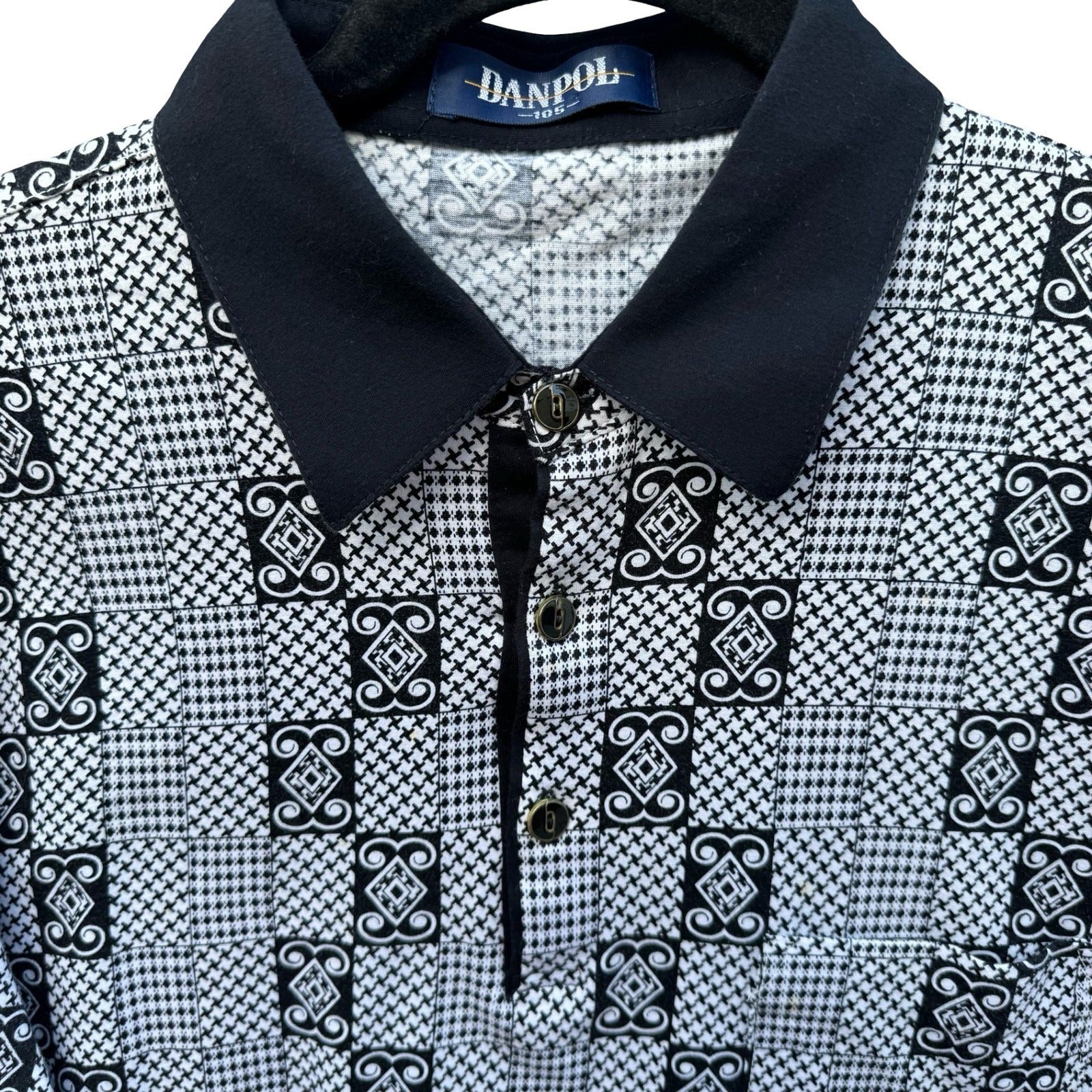 Danpol Mens Vintage Geometric Houndstooth Patchwork Long Sleeve Polo Shirt Black