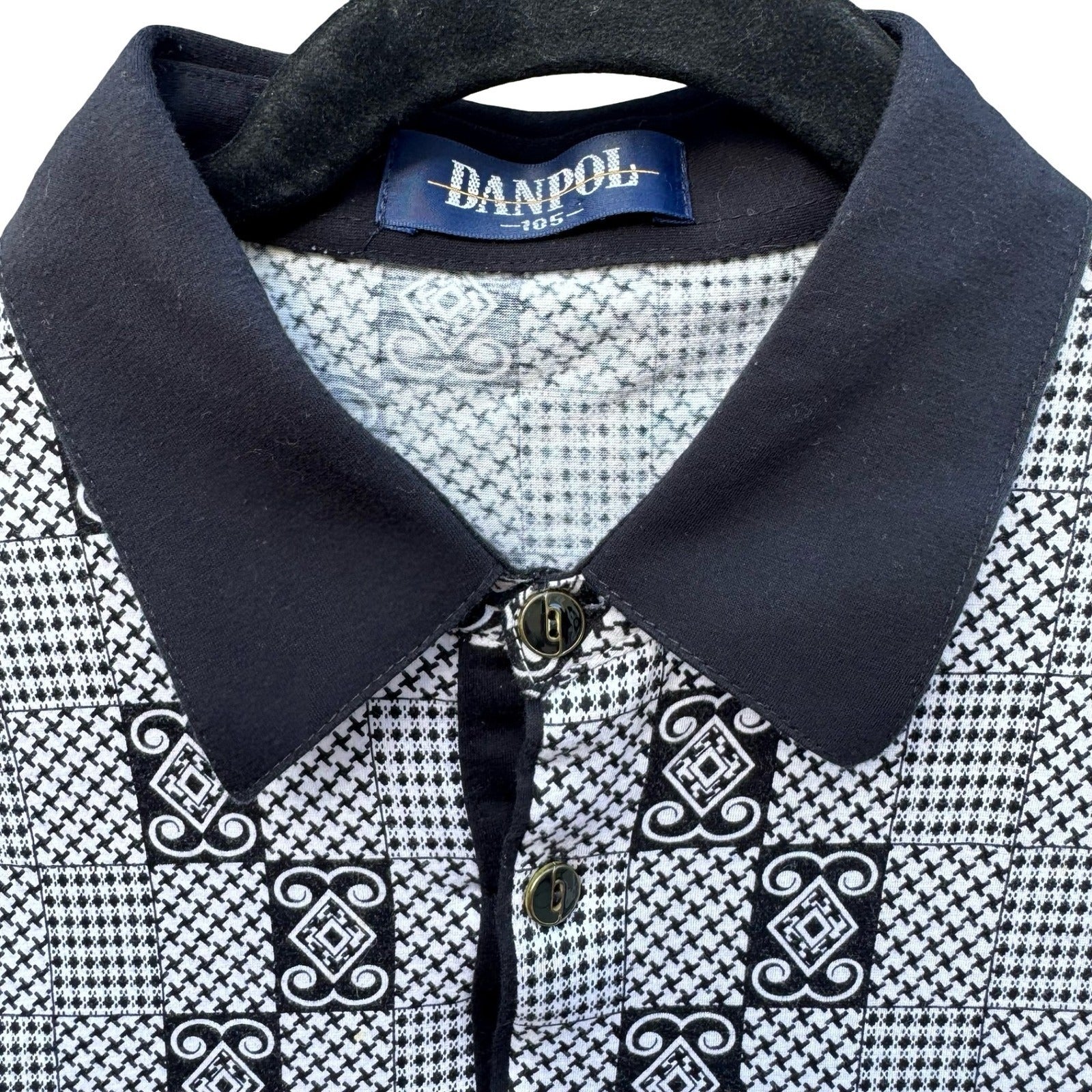 Danpol Mens Vintage Geometric Houndstooth Patchwork Long Sleeve Polo Shirt Black
