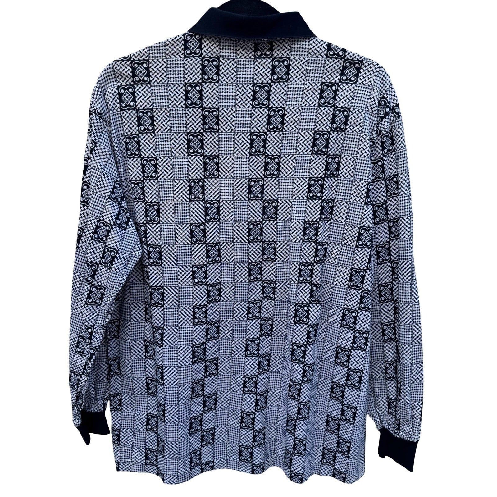 Danpol Mens Vintage Geometric Houndstooth Patchwork Long Sleeve Polo Shirt Black
