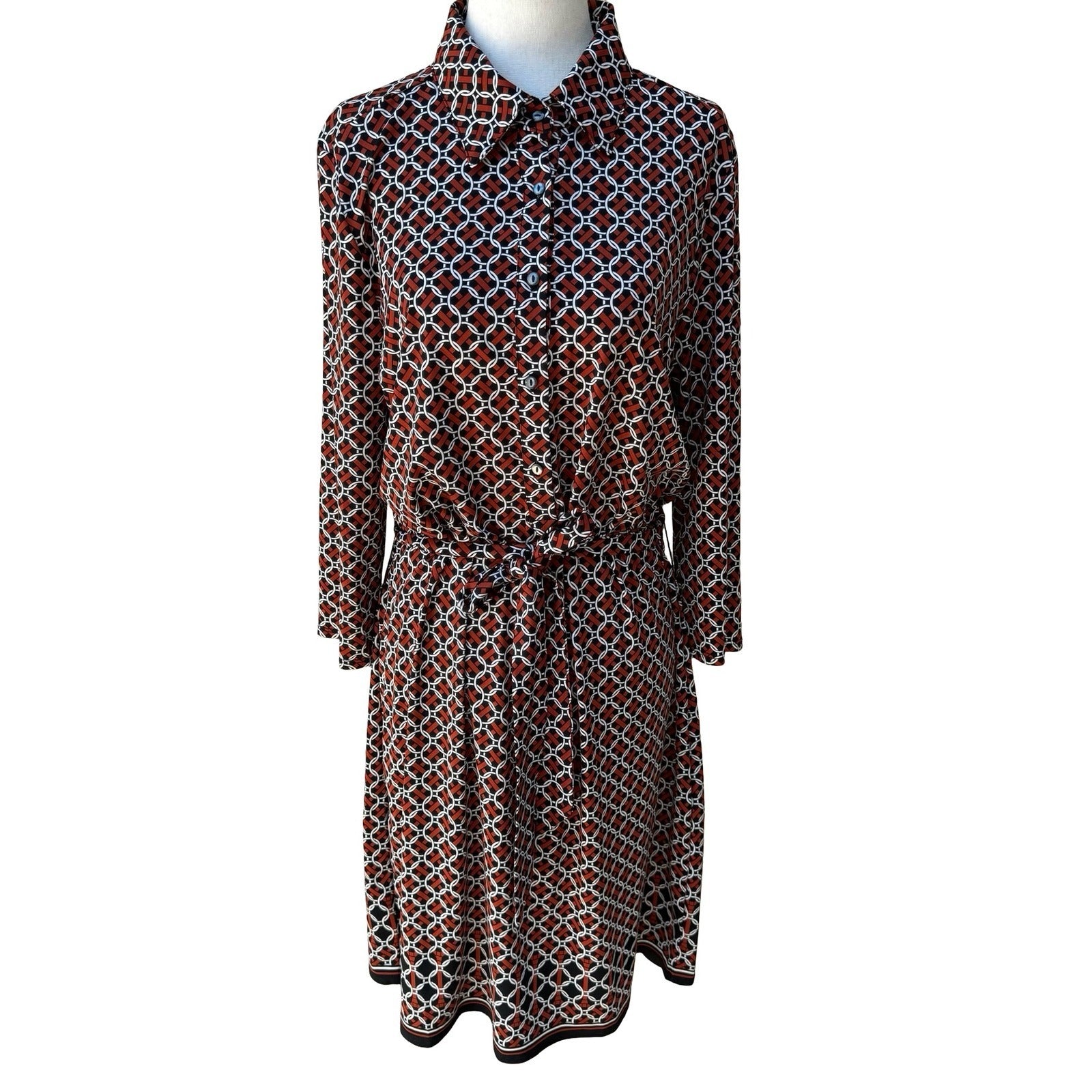 Max Studio 70s Style Mod Geometric Link Print Button Front Belted Shirt Dress L