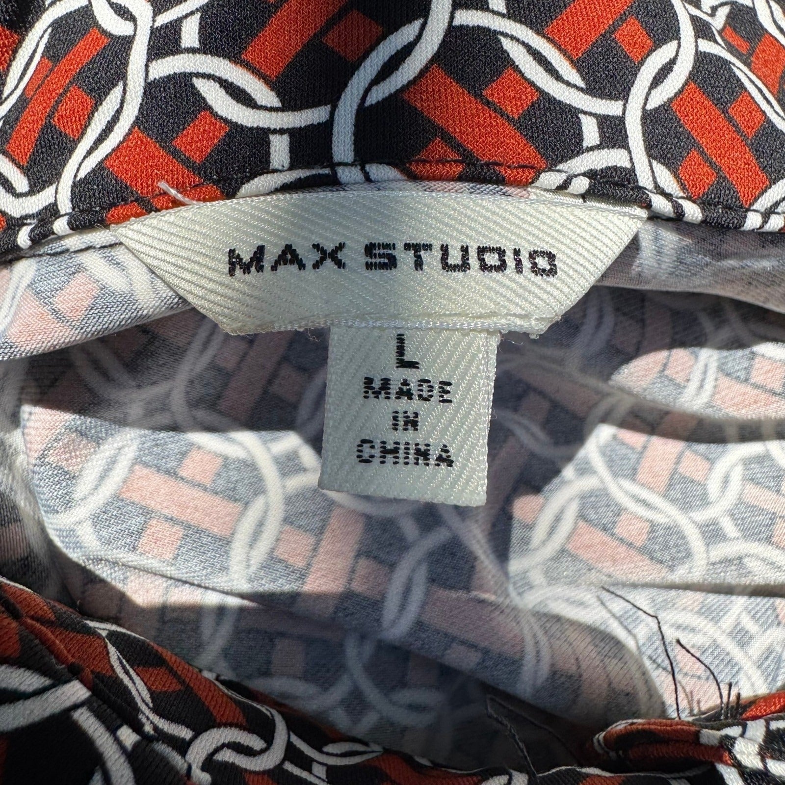Max Studio 70s Style Mod Geometric Link Print Button Front Belted Shirt Dress L