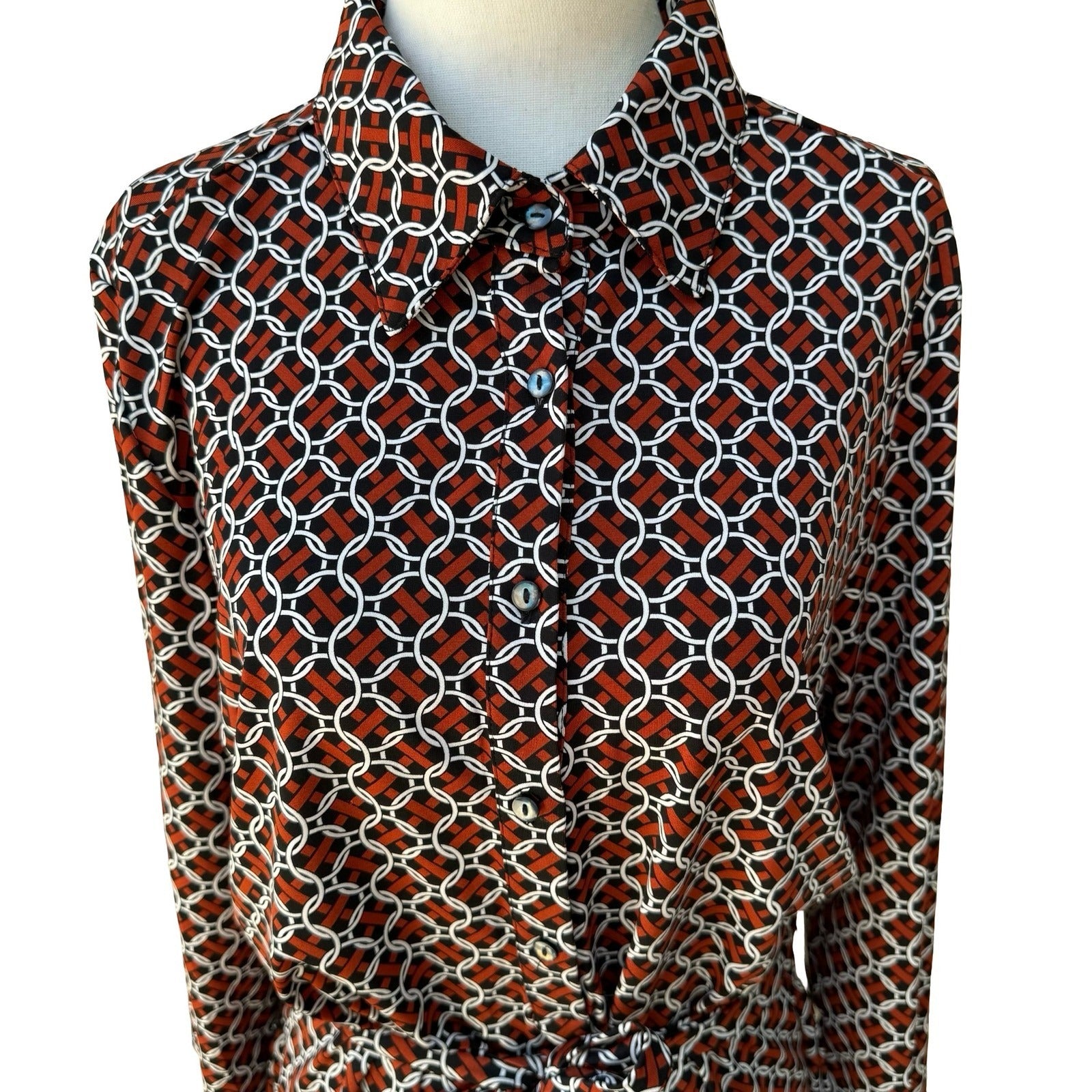 Max Studio 70s Style Mod Geometric Link Print Button Front Belted Shirt Dress L