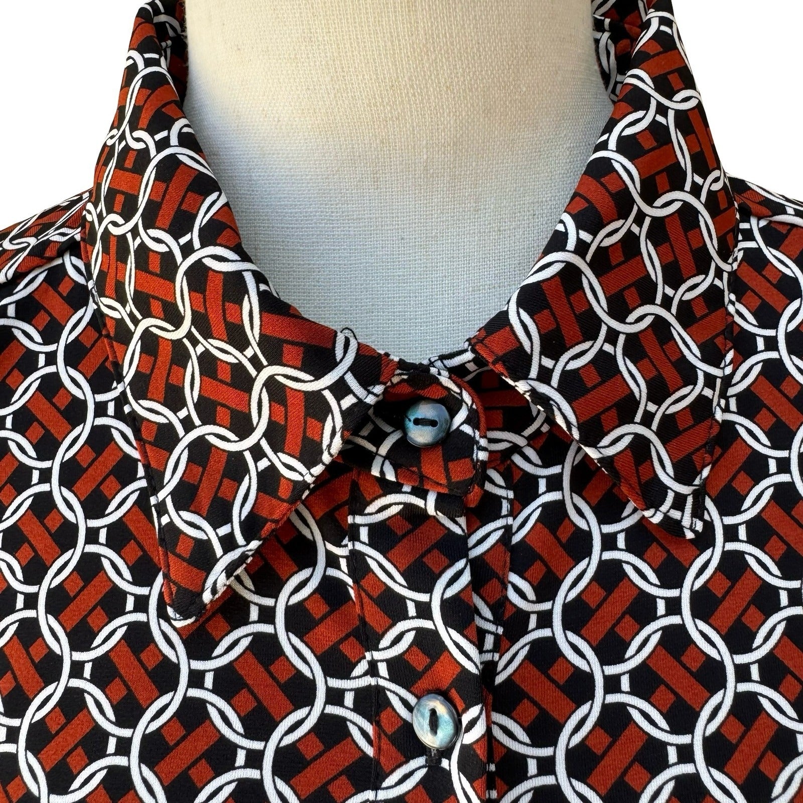 Max Studio 70s Style Mod Geometric Link Print Button Front Belted Shirt Dress L