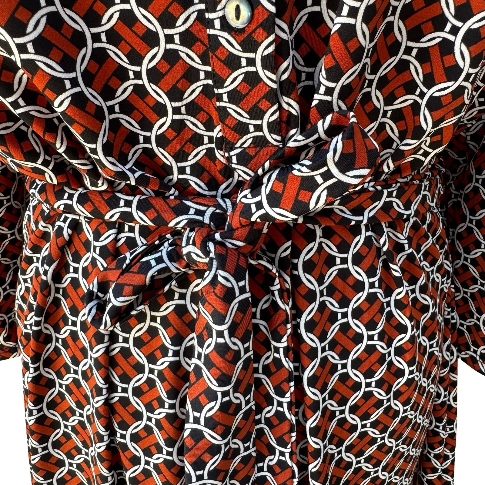 Max Studio 70s Style Mod Geometric Link Print Button Front Belted Shirt Dress L