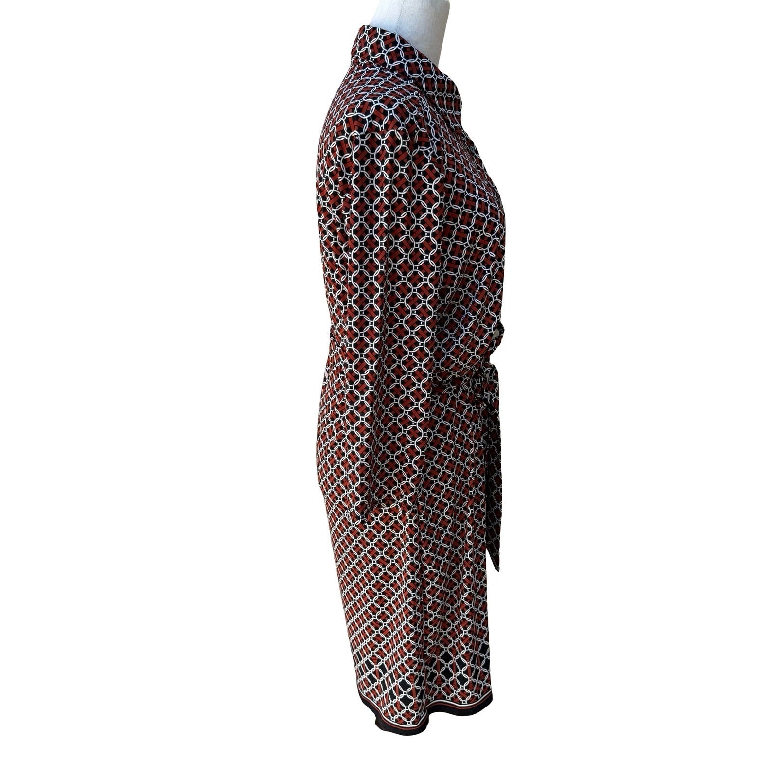 Max Studio 70s Style Mod Geometric Link Print Button Front Belted Shirt Dress L