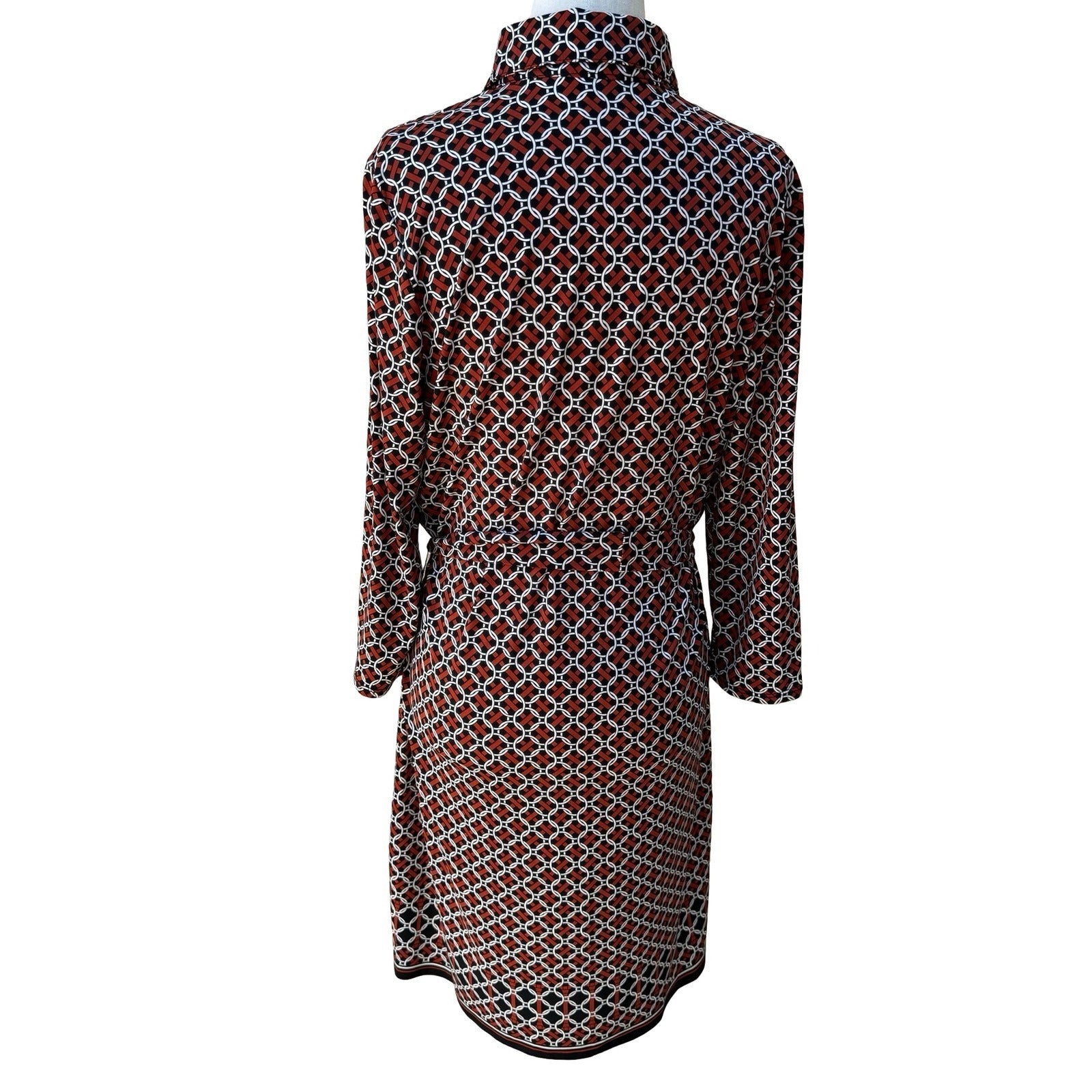 Max Studio 70s Style Mod Geometric Link Print Button Front Belted Shirt Dress L