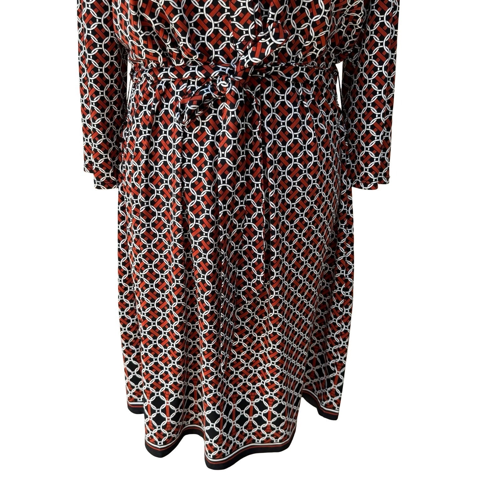 Max Studio 70s Style Mod Geometric Link Print Button Front Belted Shirt Dress L