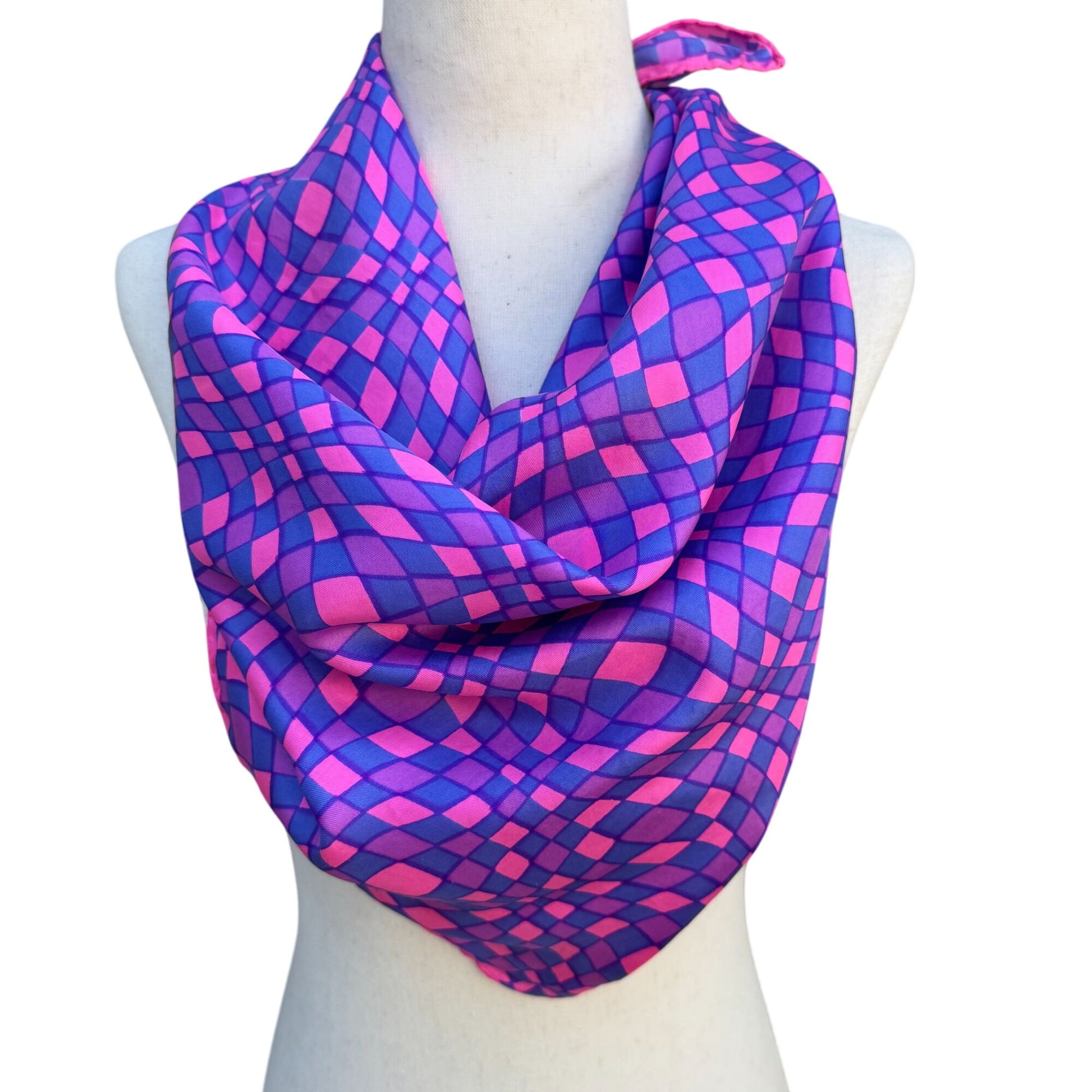 Vintage Psychedelic Mod Pink Purple Geometric Pattern Hand Stitched Silk Scarf