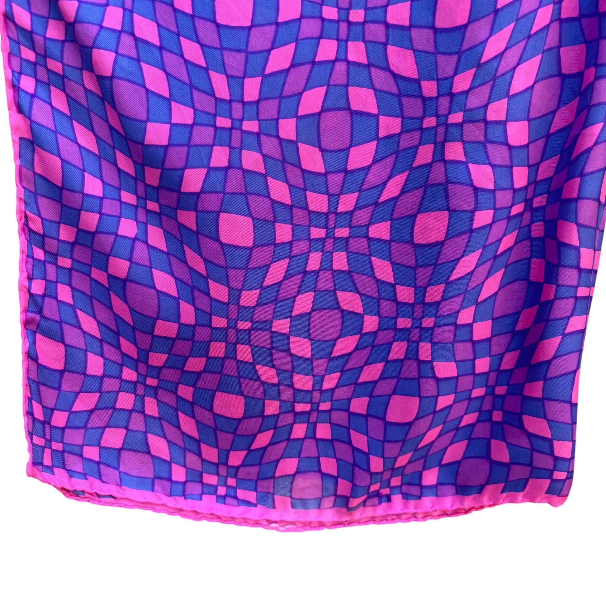 Vintage Psychedelic Mod Pink Purple Geometric Pattern Hand Stitched Silk Scarf
