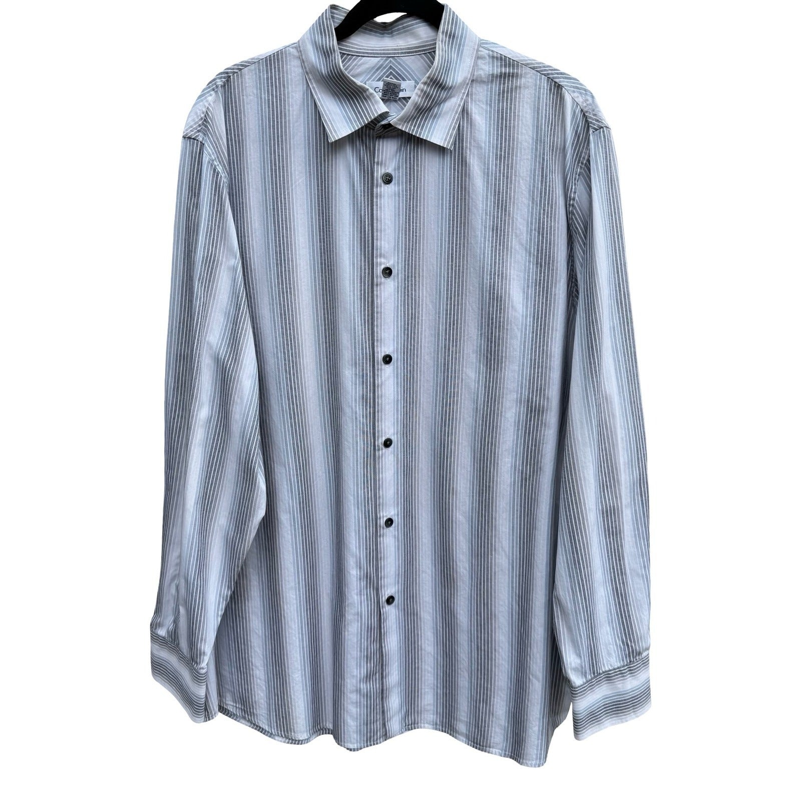 Calvin Klein Mens XL Grey Blue Striped Cotton Long Sleeve Button Up Shirt Preppy