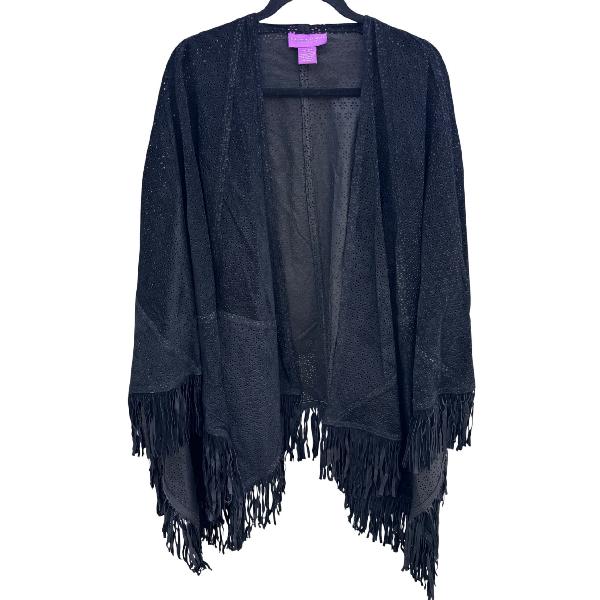 Suzanne Somers Vintage Black Leather Suede Fringe Open Front Kimono Cardigan Cape