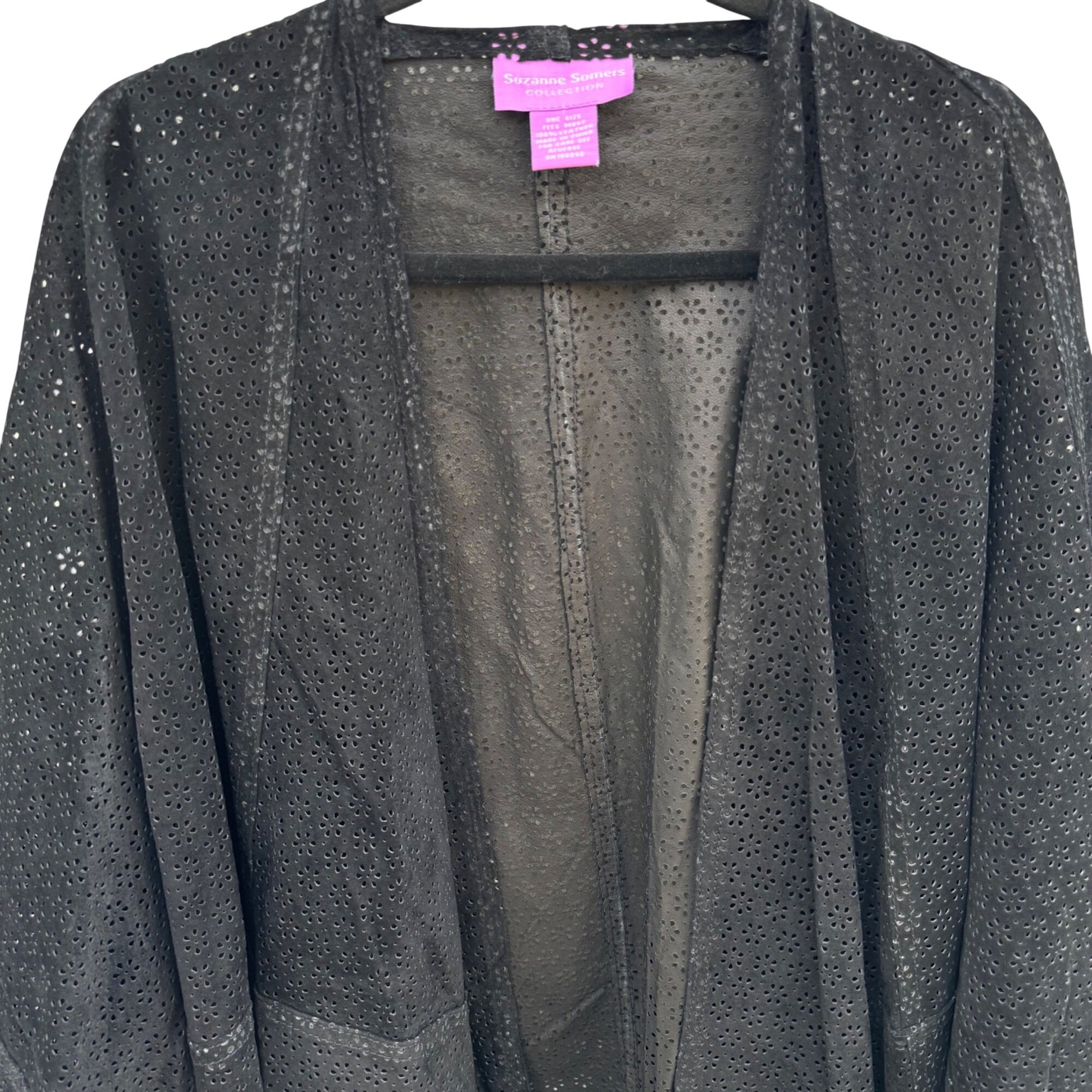 Suzanne Somers Vintage Black Leather Suede Fringe Open Front Kimono Cardigan Cape
