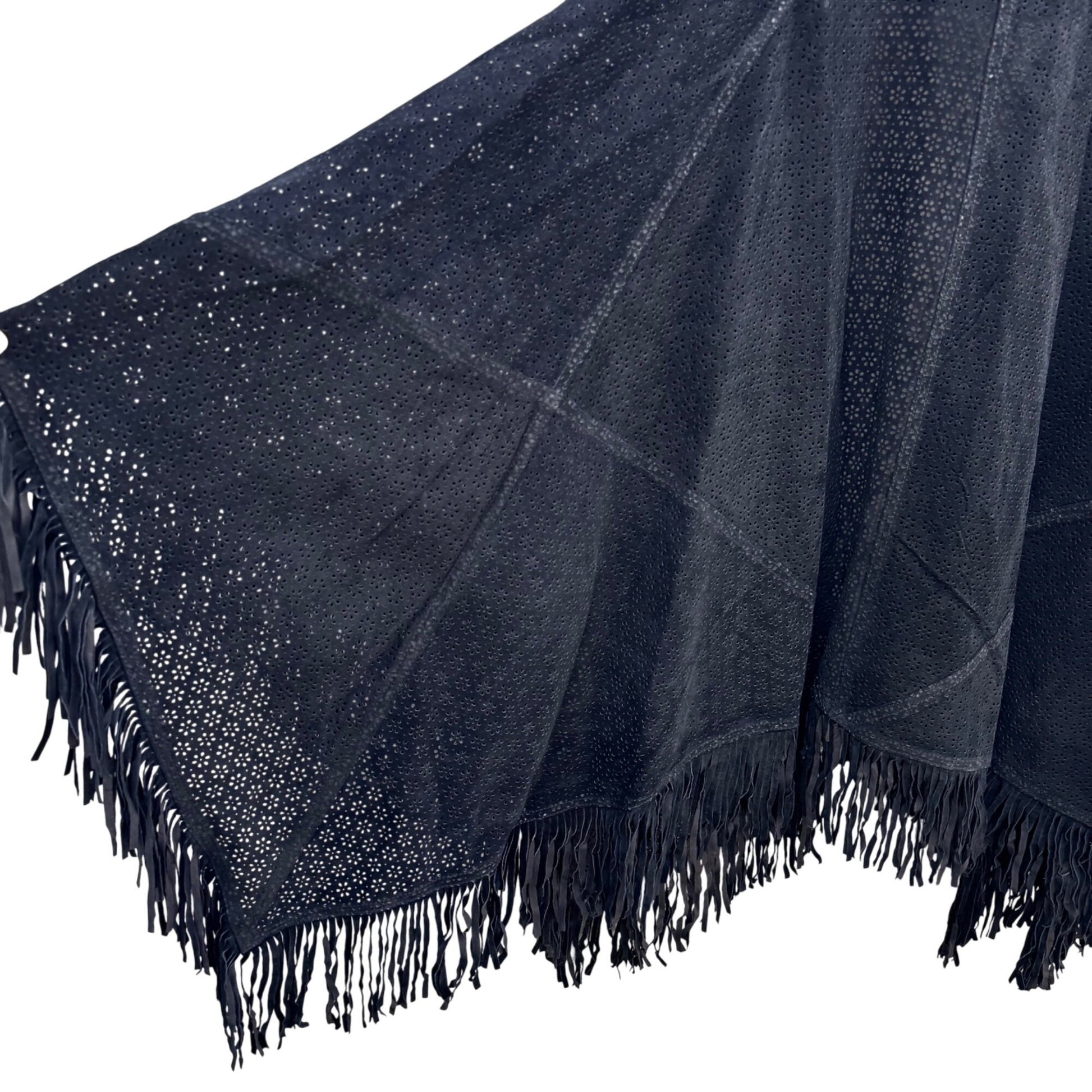 Suzanne Somers Vintage Black Leather Suede Fringe Open Front Kimono Cardigan Cape