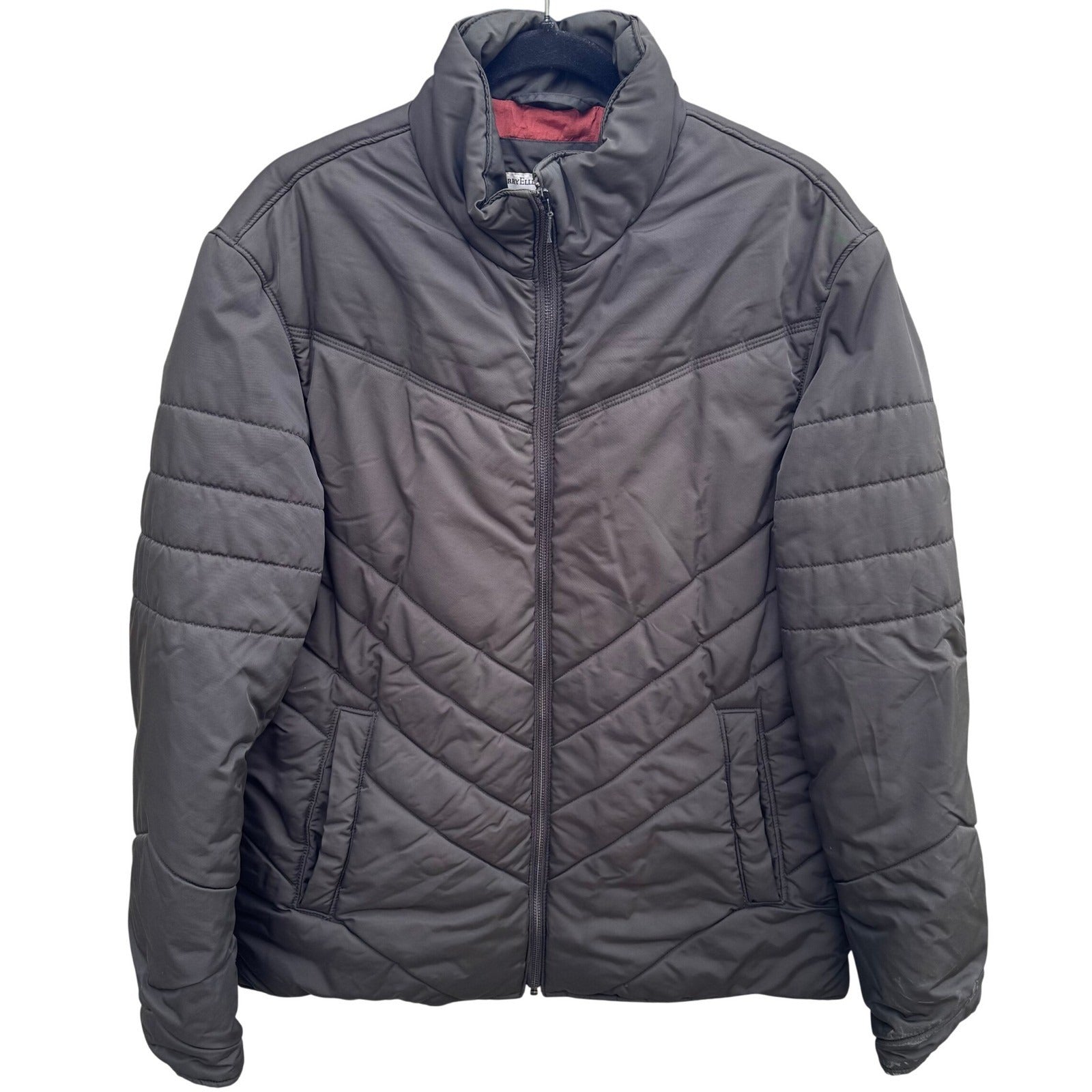 Perry Ellis Mens Chevron Quilted Puffer Jacket Dark Brown Full Zip Stand Collar