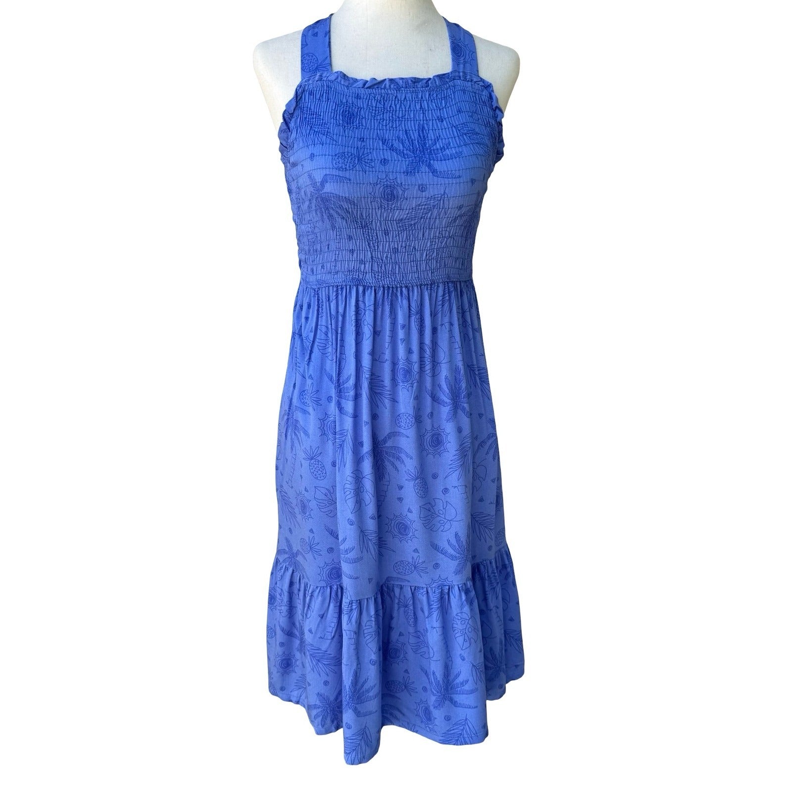 Vince Camuto Tropical Smocked Open Cross Back Midi Dress Blue 10 Boho Coastal