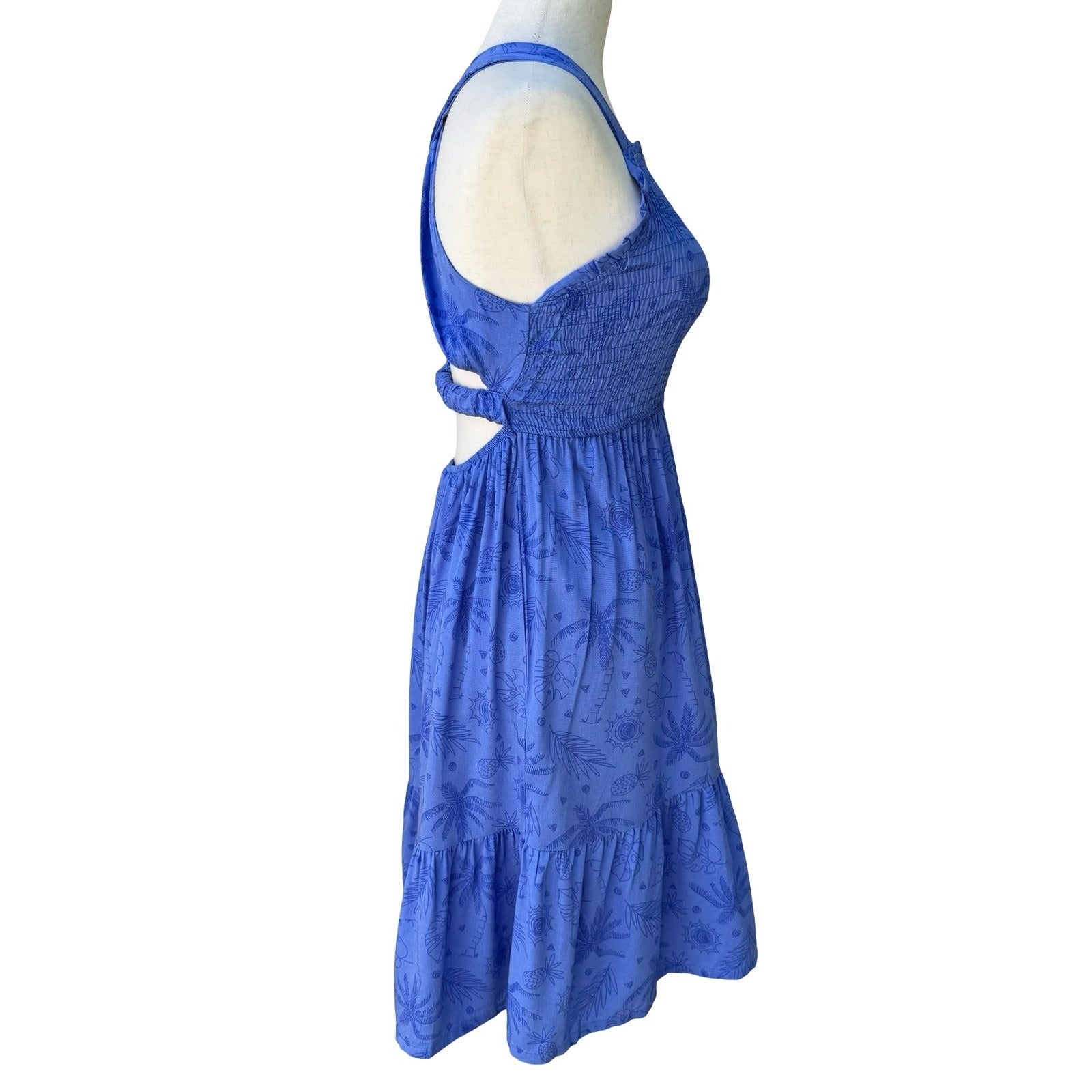 Vince Camuto Tropical Smocked Open Cross Back Midi Dress Blue 10 Boho Coastal