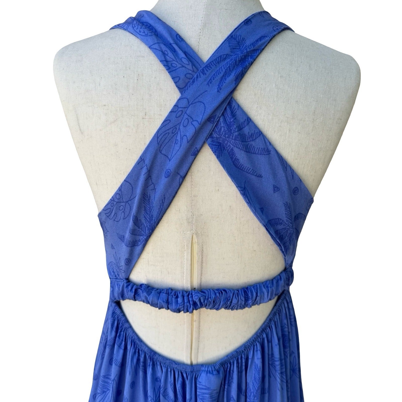 Vince Camuto Tropical Smocked Open Cross Back Midi Dress Blue 10 Boho Coastal