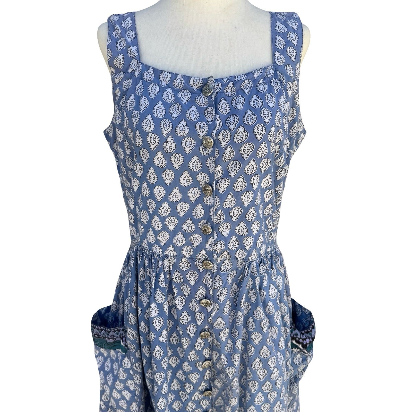 Starina Vintage Patchwork Boho Blue Nepal Cotton Artsy Leaf Print Midi Dress M