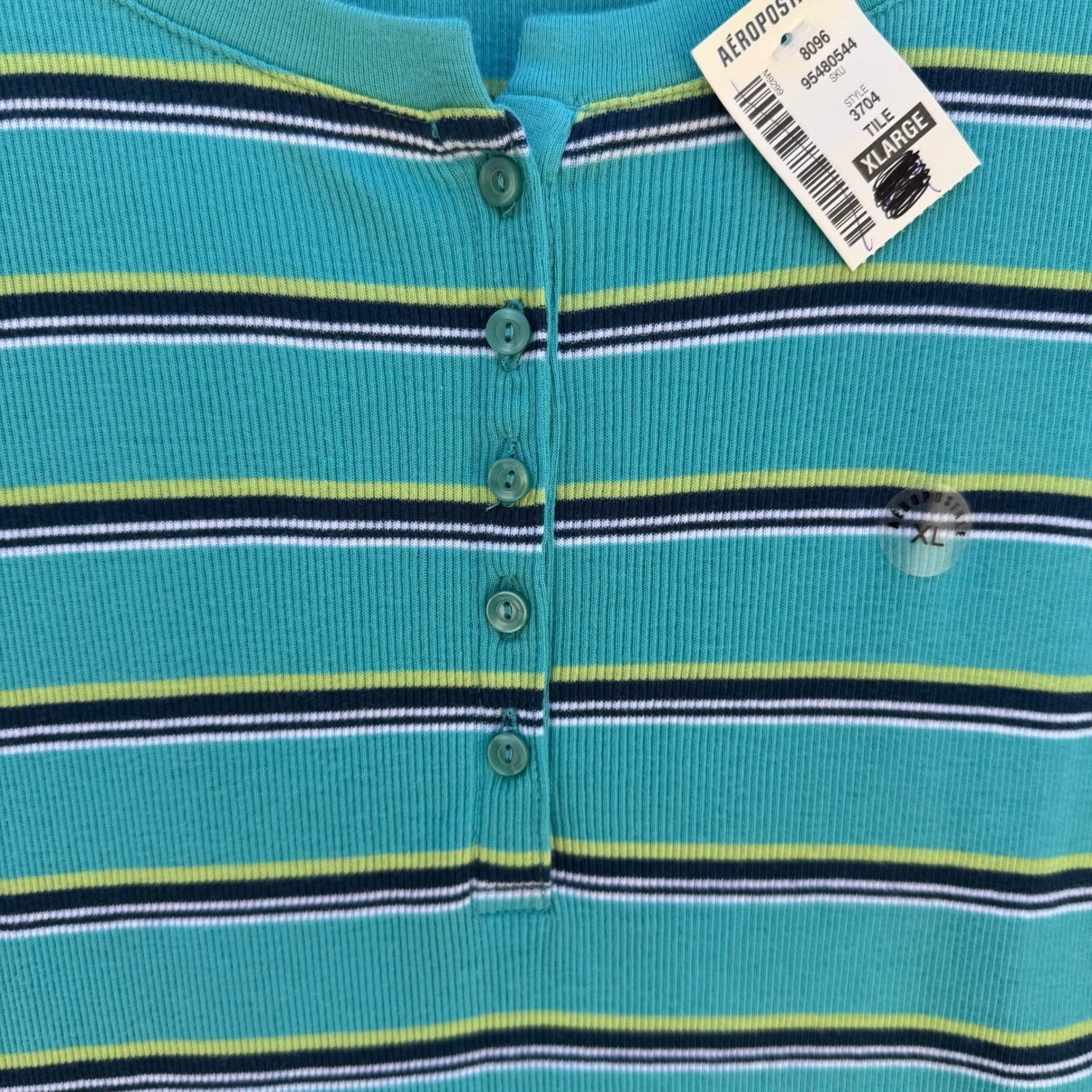 Aeropostale Y2K Womens XL Teal Striped Ribbed Henley Cap Sleeve Slim Fit Top NEW