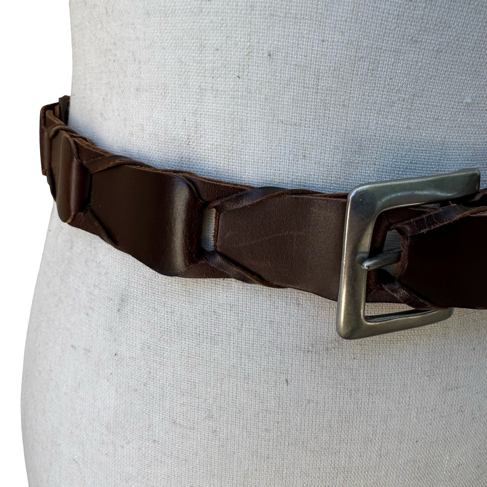 Gap Boho Western Rustic Brown Genuine Leather Braided Interlocking Link Belt XL