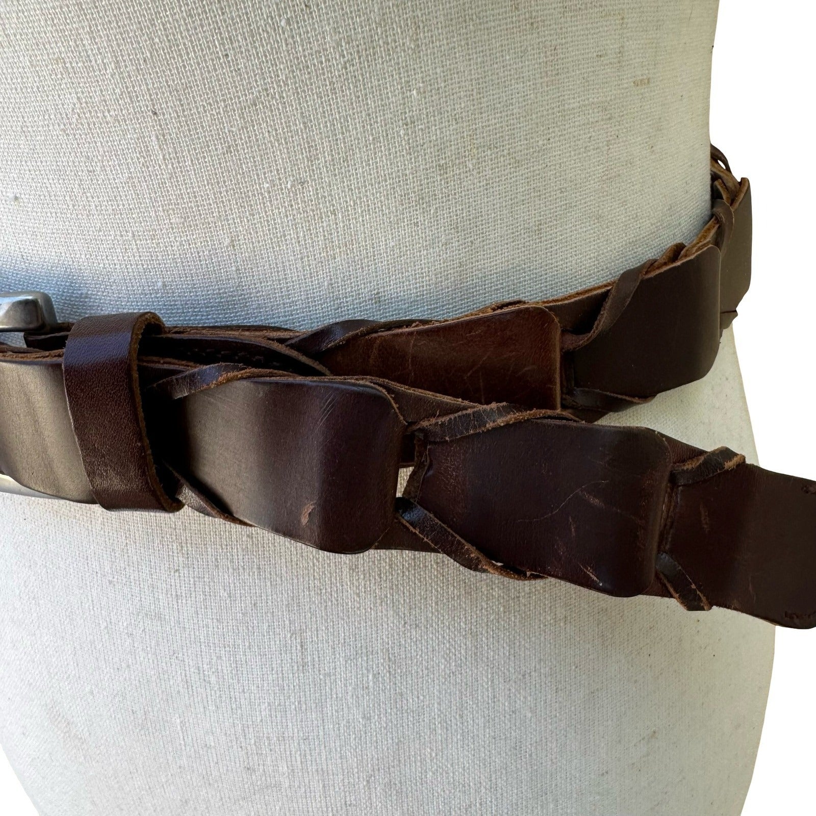 Gap Boho Western Rustic Brown Genuine Leather Braided Interlocking Link Belt XL