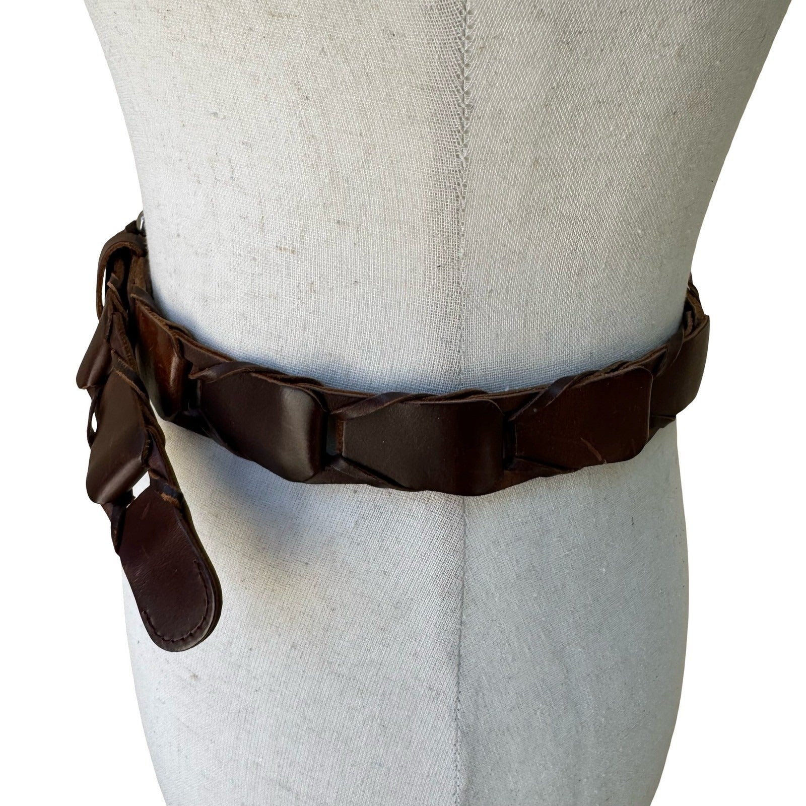 Gap Boho Western Rustic Brown Genuine Leather Braided Interlocking Link Belt XL