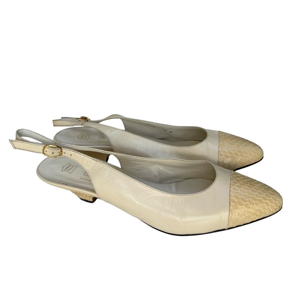 Bruno Magli Vintage Italian Leather Snakeskin Cap Toe Slingback Pumps Cream 10B