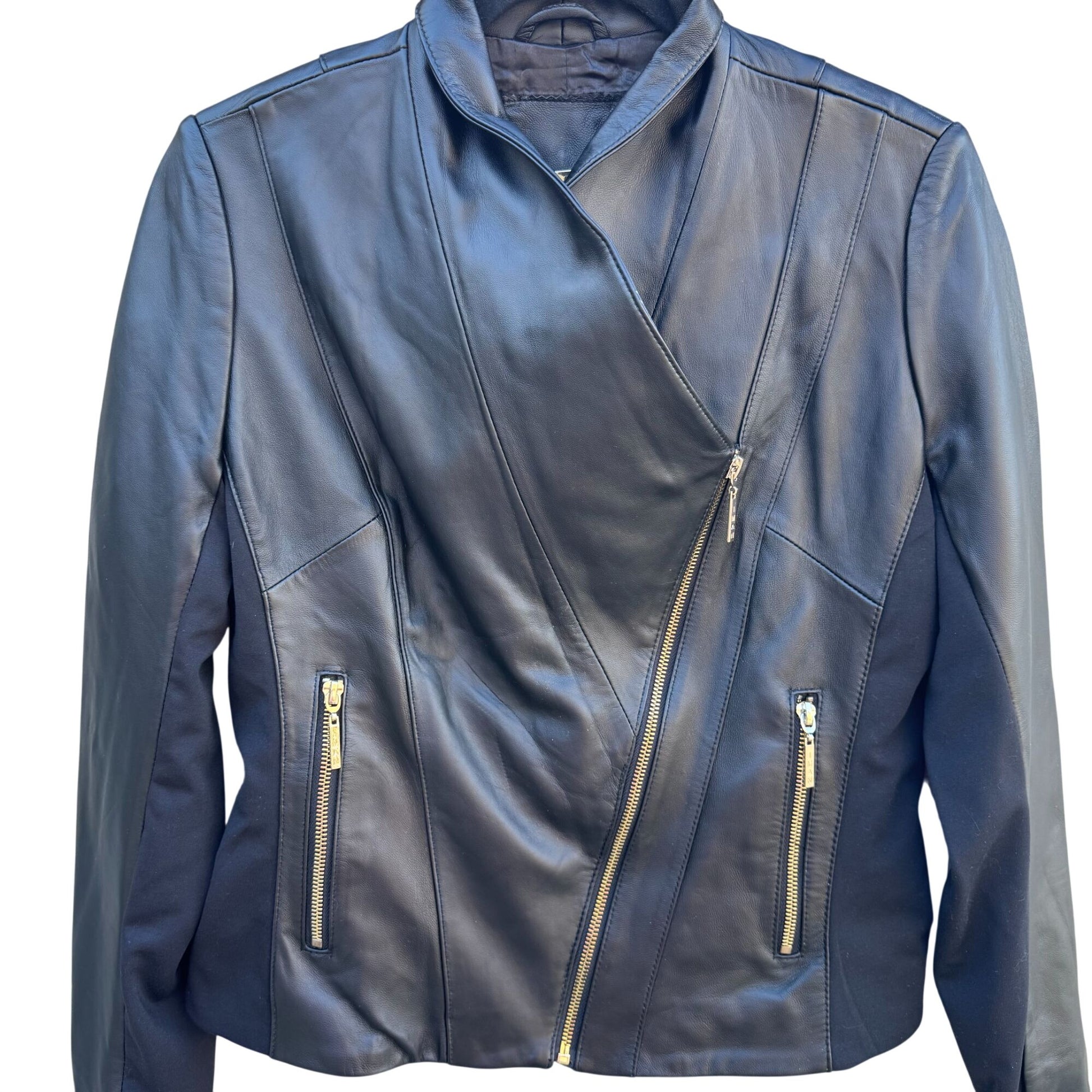 IMAN Womens Black Lambskin Leather Biker Moto Bomber Jacket Side Zip Roll Collar