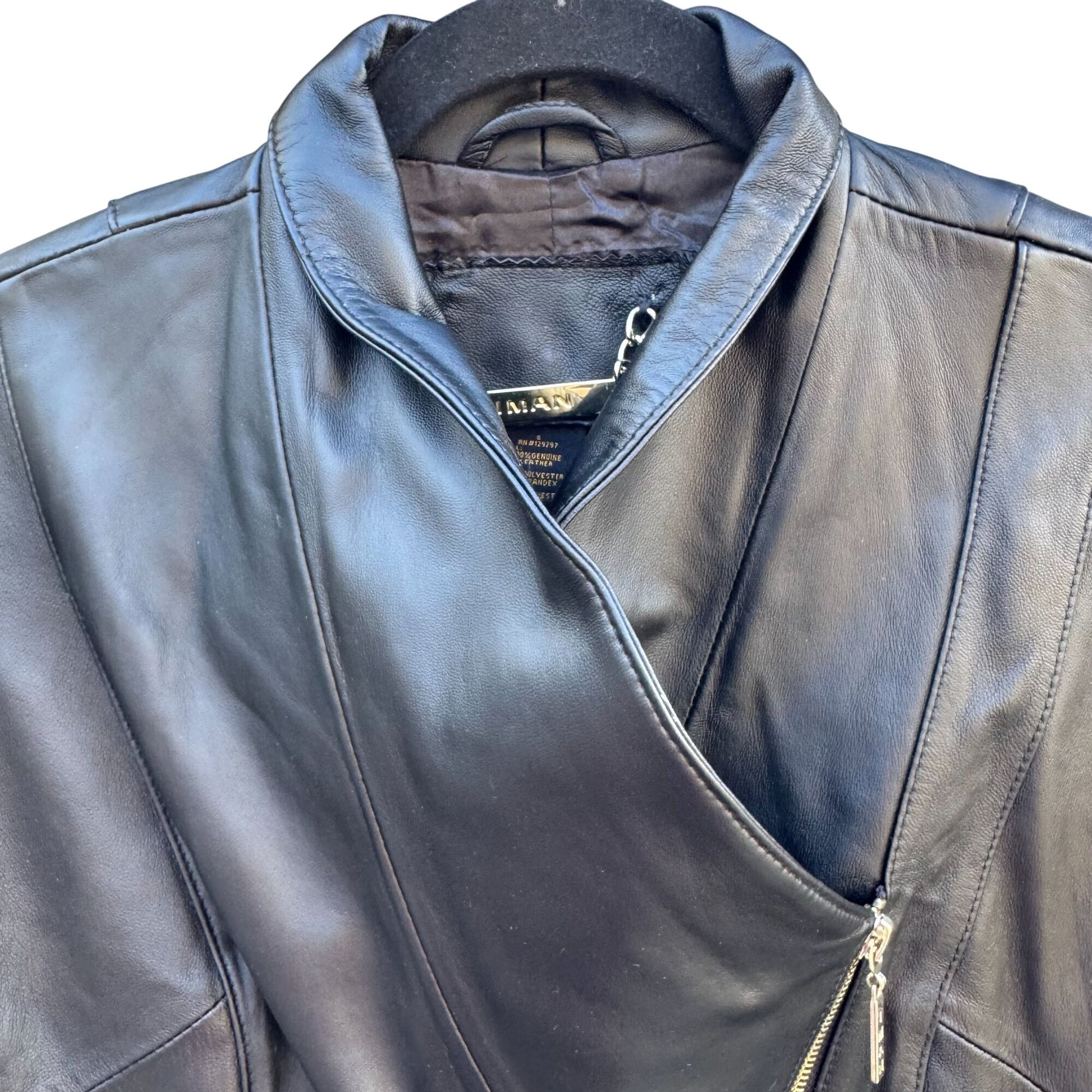 IMAN Womens Black Lambskin Leather Biker Moto Bomber Jacket Side Zip Roll Collar
