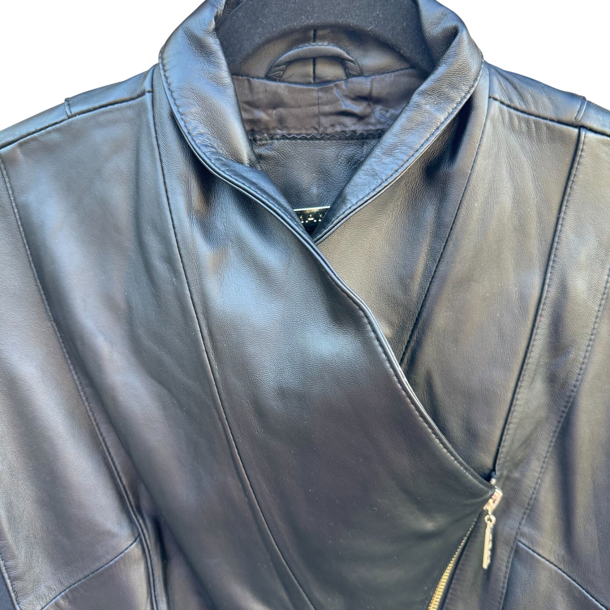 IMAN Womens Black Lambskin Leather Biker Moto Bomber Jacket Side Zip Roll Collar