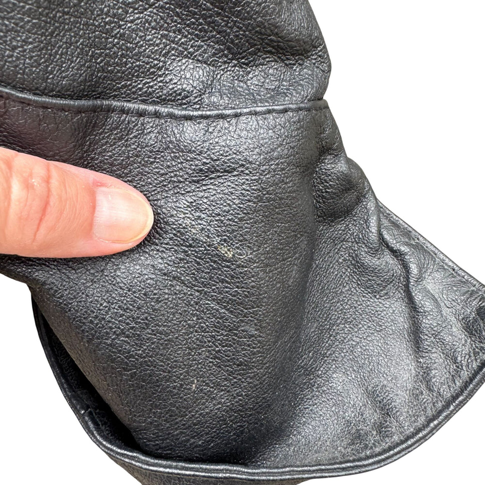 Best Vintage Black Genuine Leather Coat Jacket Womens Floral Trim Button Closure