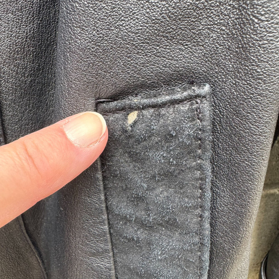 Best Vintage Black Genuine Leather Coat Jacket Womens Floral Trim Button Closure