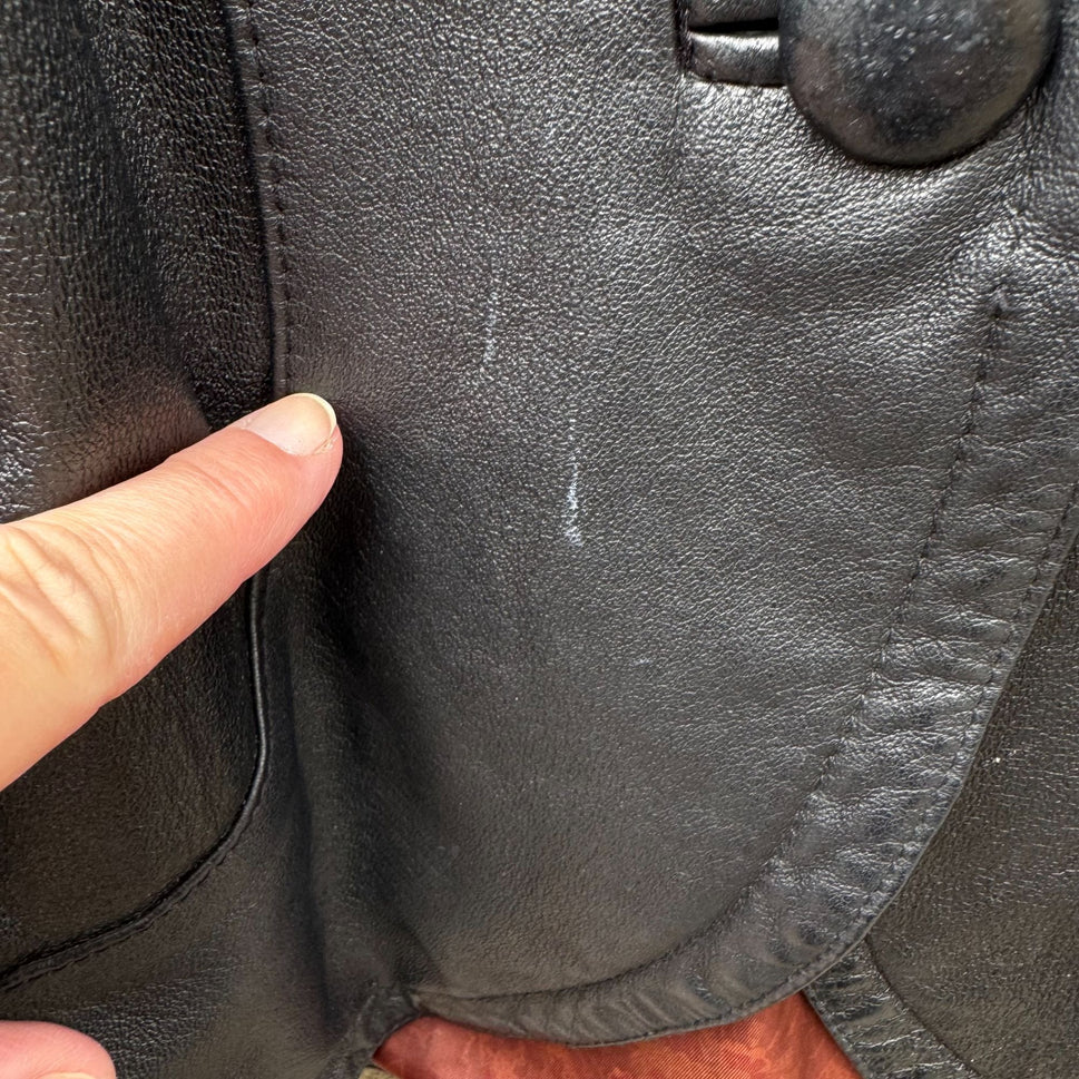 Best Vintage Black Genuine Leather Coat Jacket Womens Floral Trim Button Closure