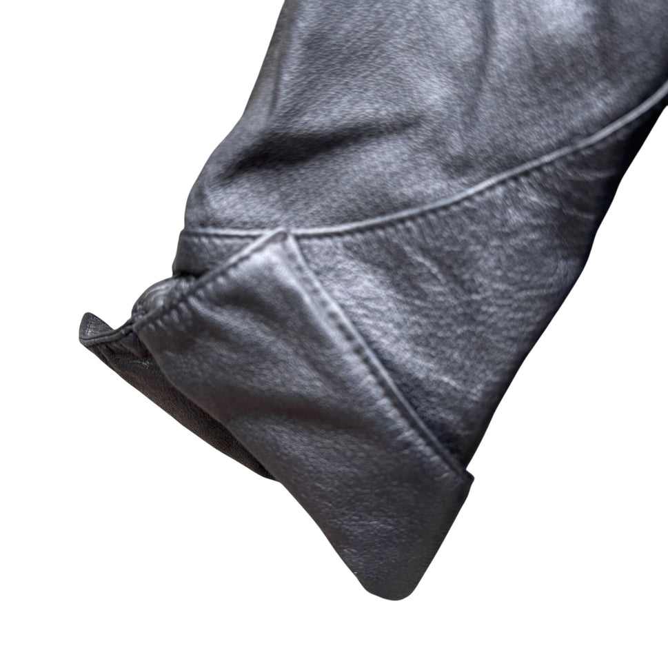 Best Vintage Black Genuine Leather Coat Jacket Womens Floral Trim Button Closure