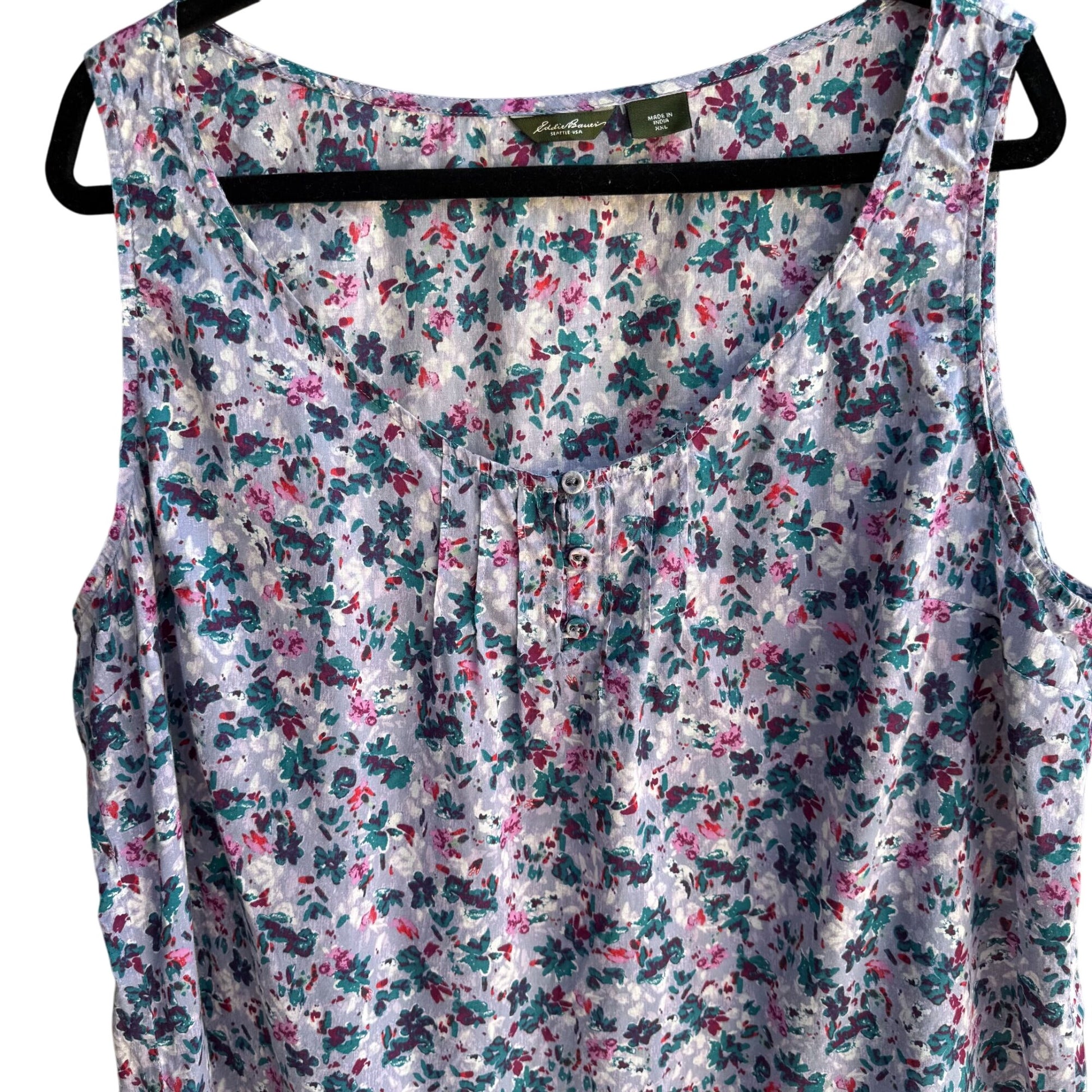 Eddie Bauer Womens Floral Boho Pleated Placket Cotton Sleeveless Tank Blouse XXL