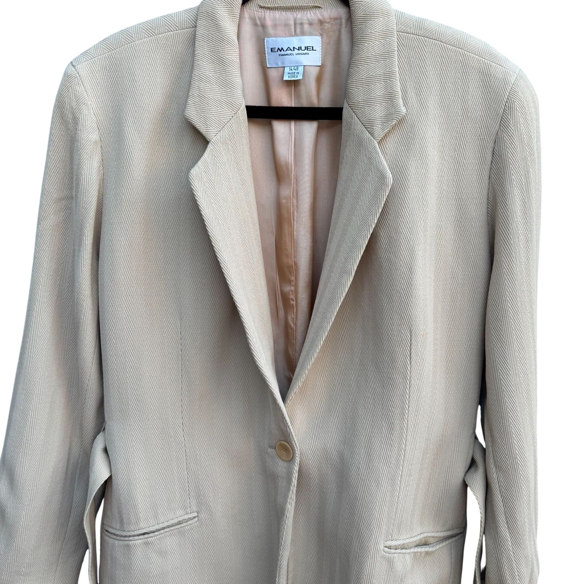 Emanuel Ungaro Vintage Tan Womens Herringbone Blazer Jacket Tie Belt Size 14/48