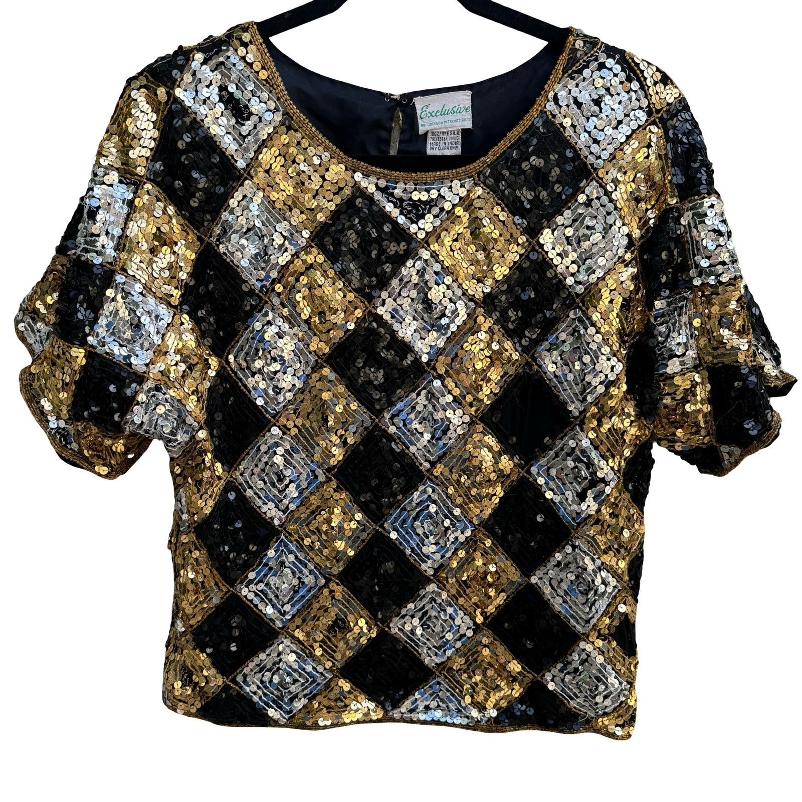 Exclusive Vintage 80s Silk Sequin Harlequin Diamond Disco Gatsby Party Blouse S