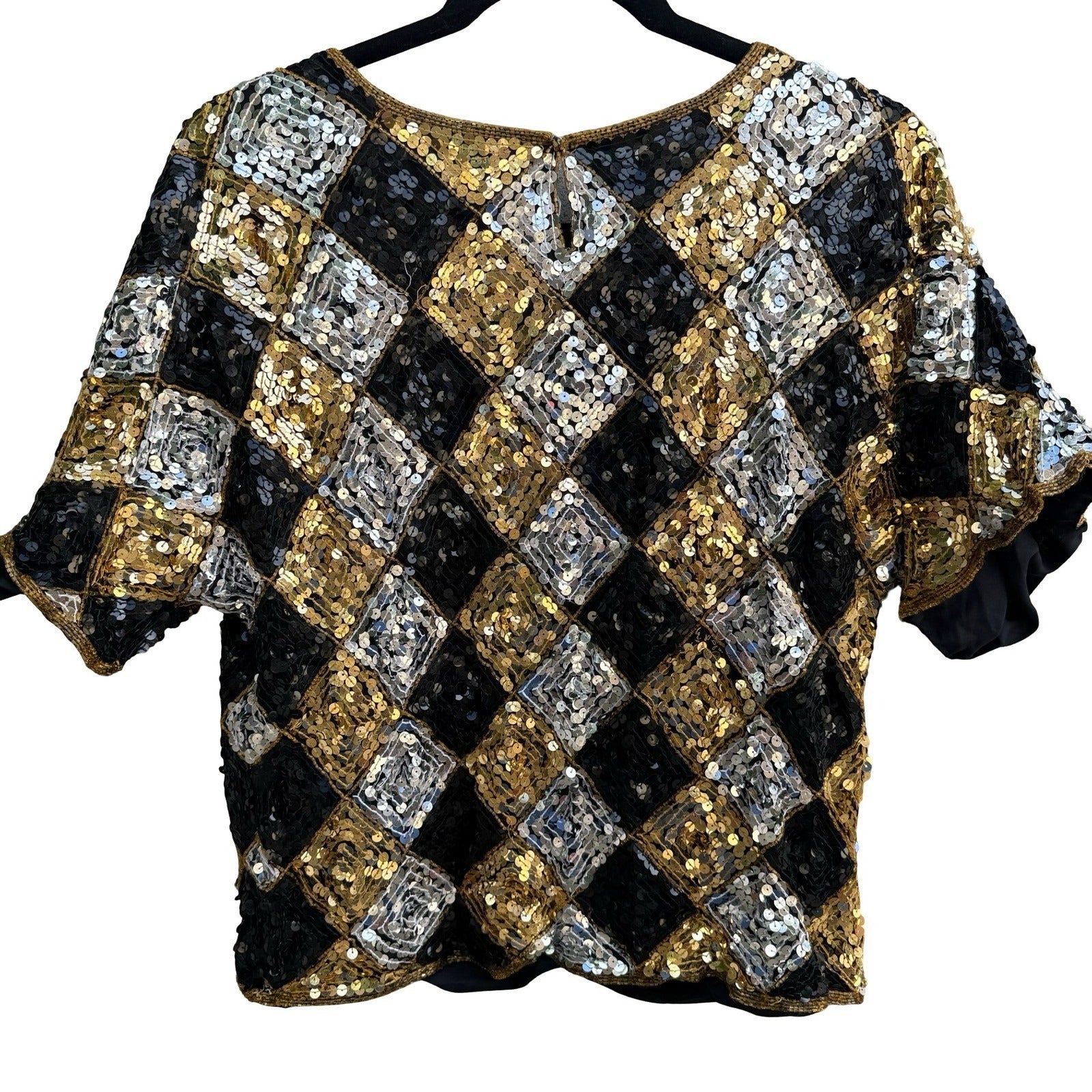 Exclusive Vintage 80s Silk Sequin Harlequin Diamond Disco Gatsby Party Blouse S