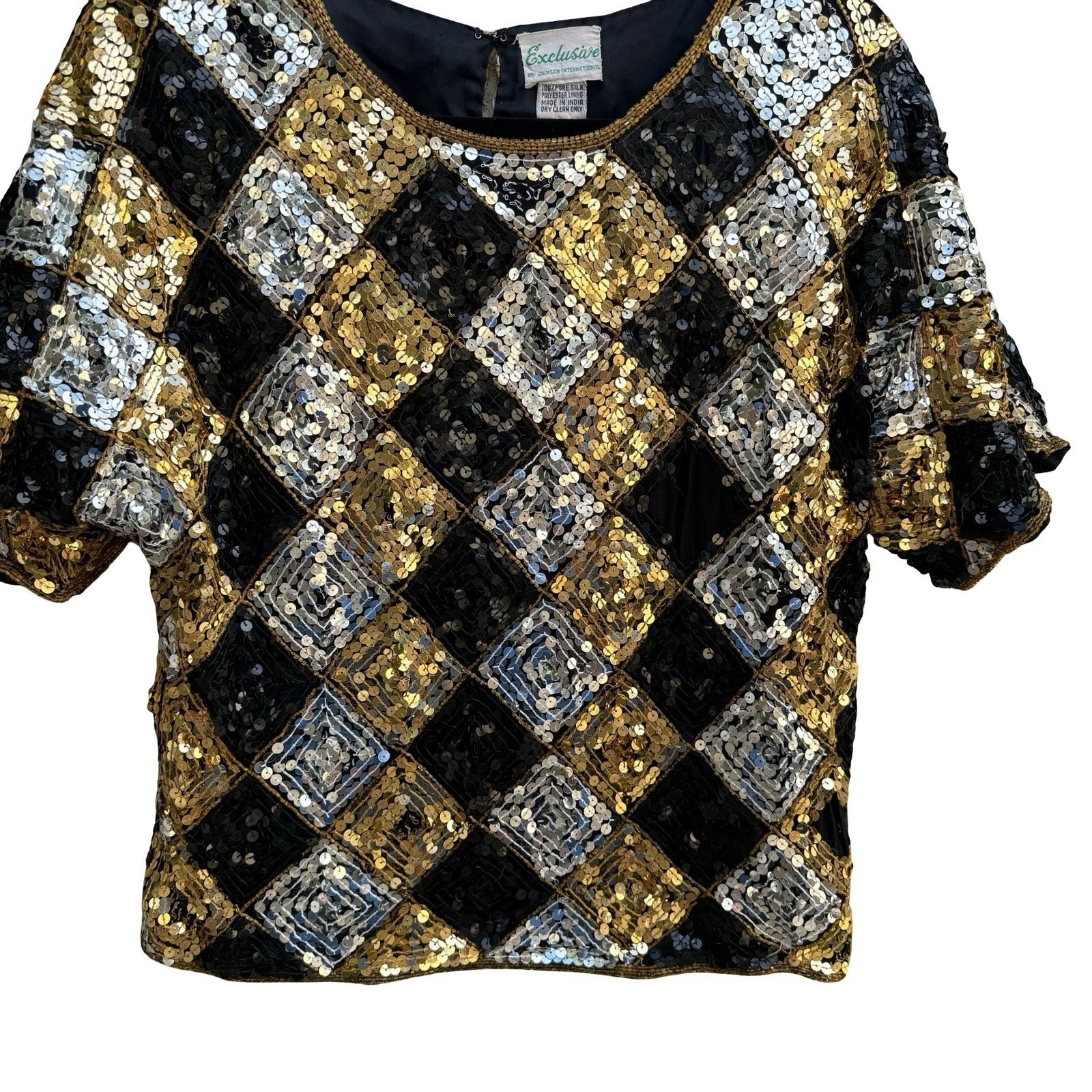 Exclusive Vintage 80s Silk Sequin Harlequin Diamond Disco Gatsby Party Blouse S