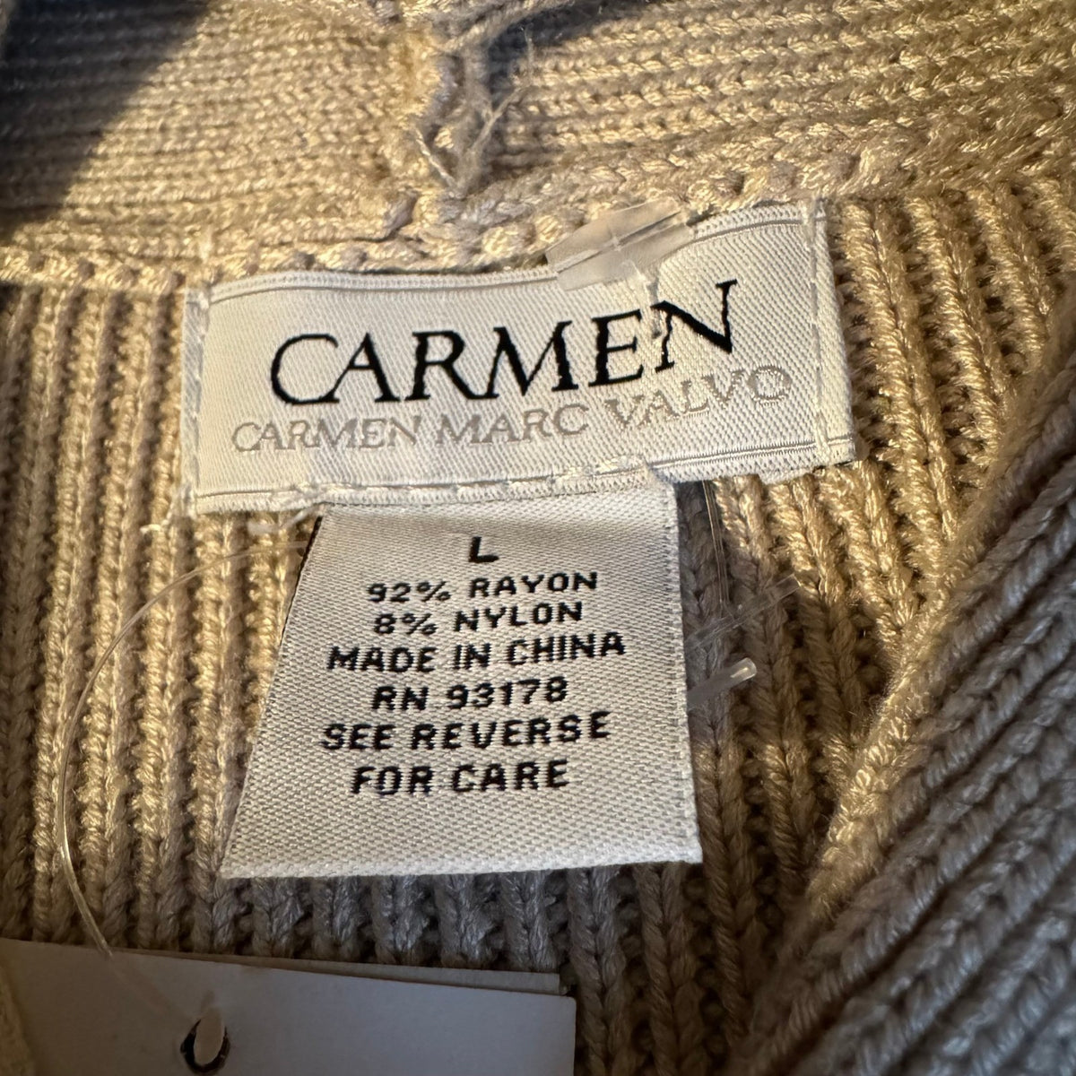 Carmen Marc Valvo Minimalist Quiet Luxury Ribbed Zip Detail Cardigan Tan XL NEW