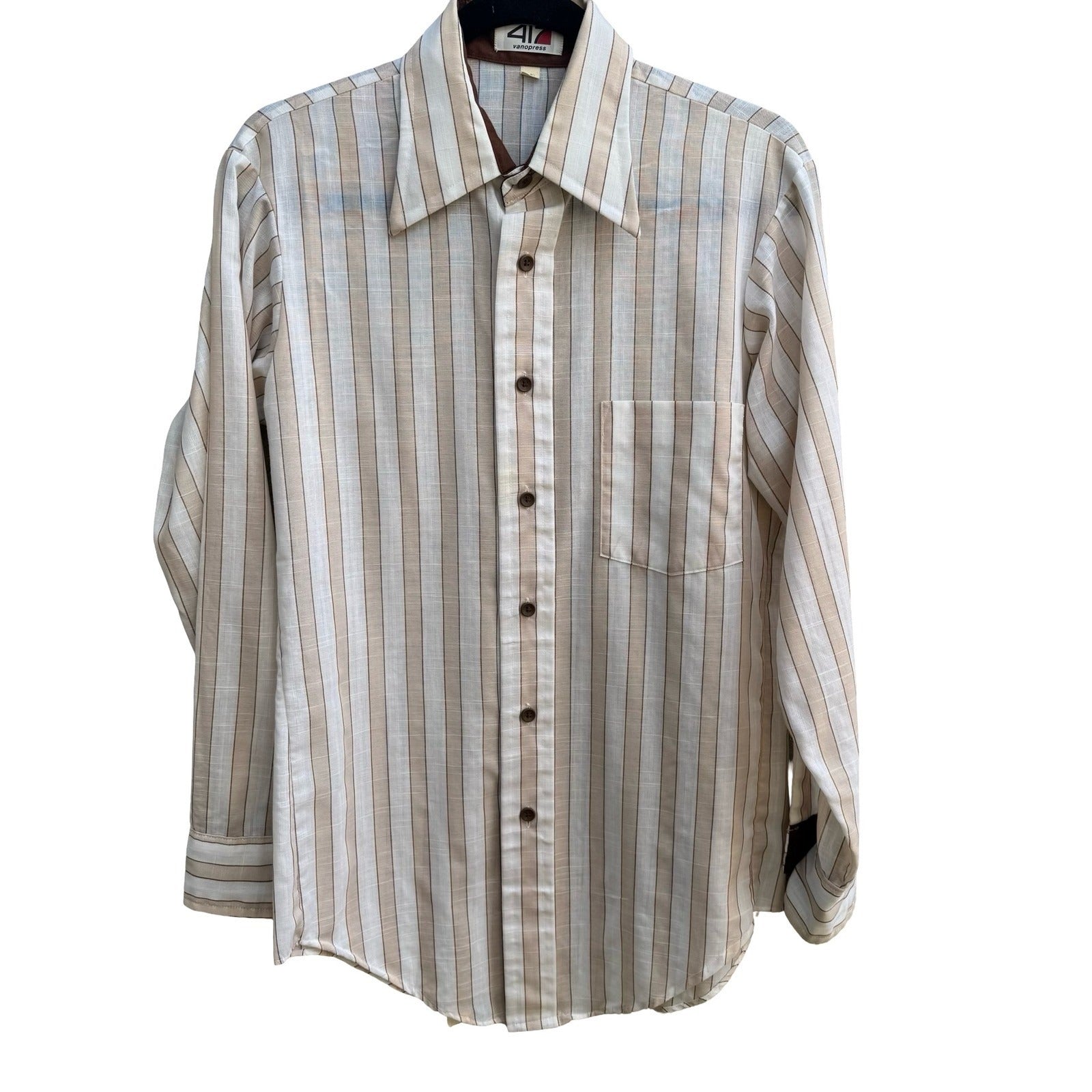 Van Heusen 417 Vanopress Vintage 70s Stripe Dagger Collar Linen Look Disco Shirt