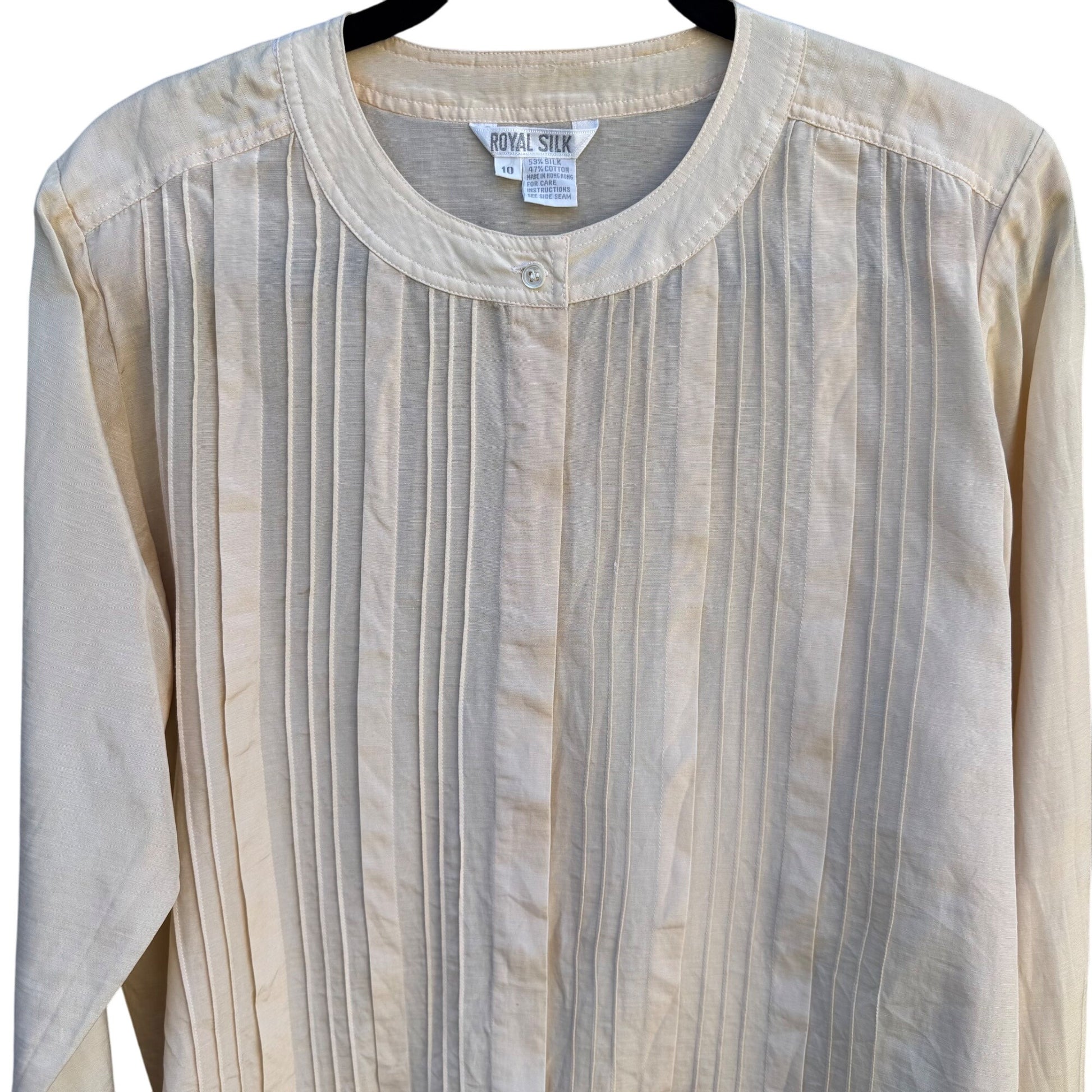 Royal Silk Vintage Silk Cotton Blend Womens Ivory Pleated Long Sleeve Blouse 10