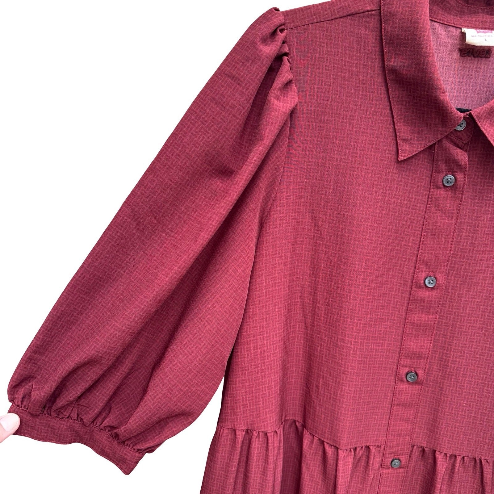 Levis Darla Womens Red Tiered Maxi Shirtdress Puff Sleeve Western Boho Prairie L
