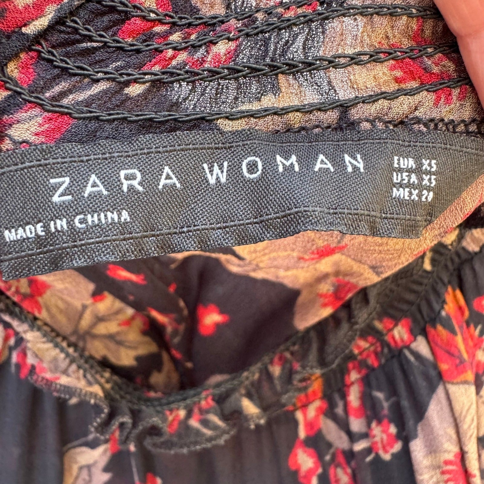 Zara Woman Boho Dark Floral Sheer Lace Smocked High Neck Balloon Sleeve Blouse