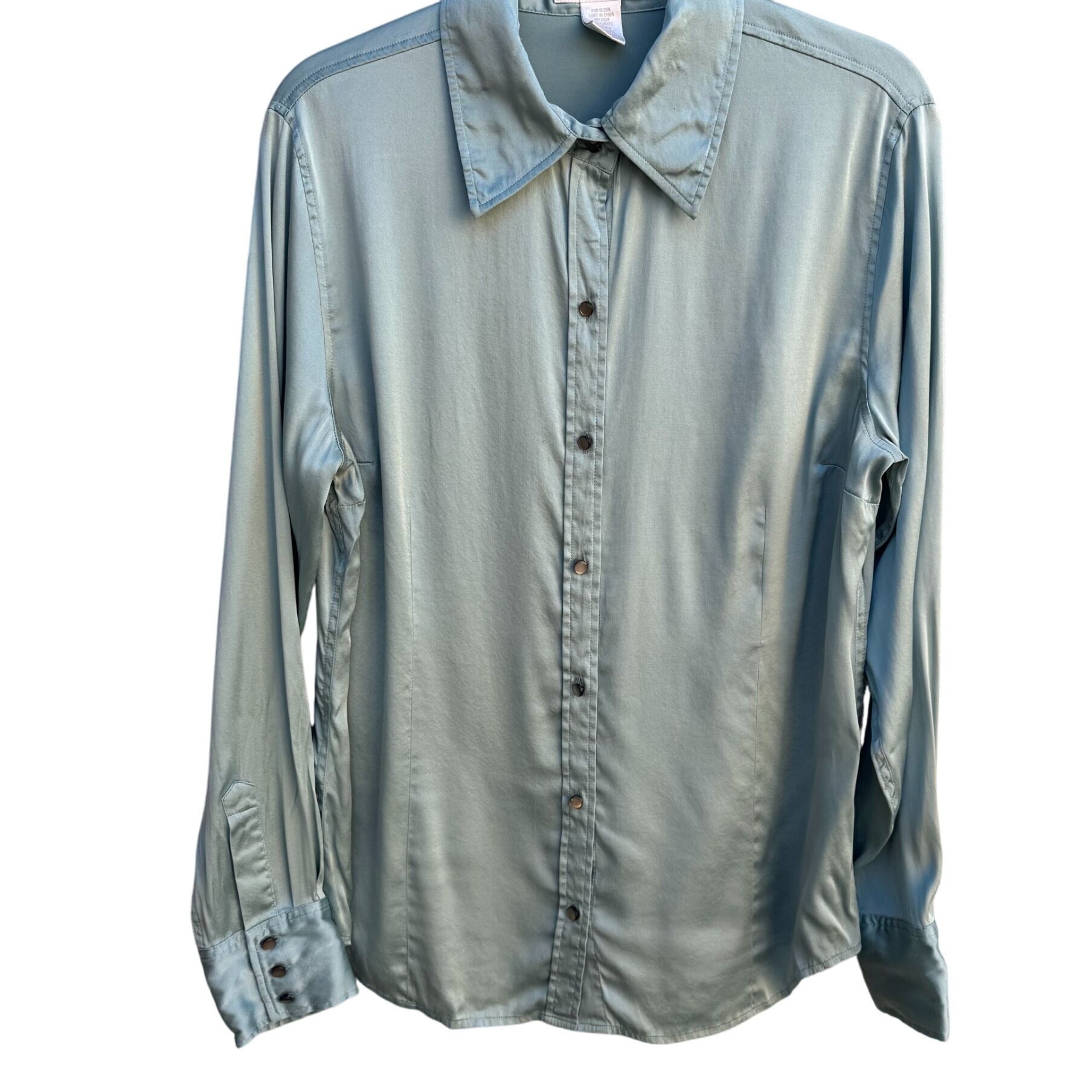 Soft Surroundings Womens Silk Pearlized Button Long Sleeve Mint Shirt Blouse L