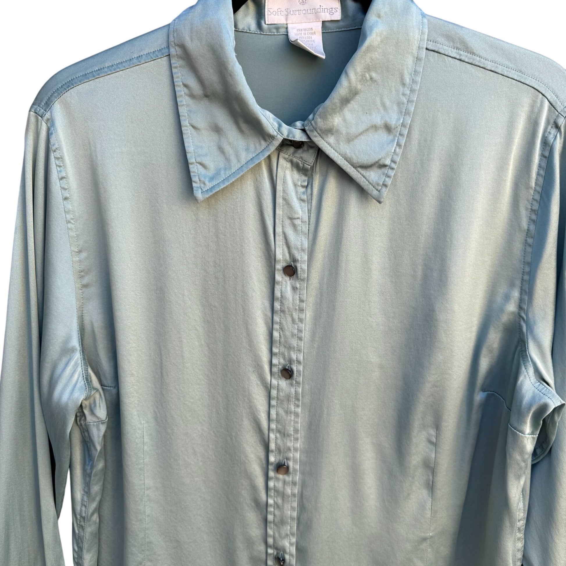Soft Surroundings Womens Silk Pearlized Button Long Sleeve Mint Shirt Blouse L