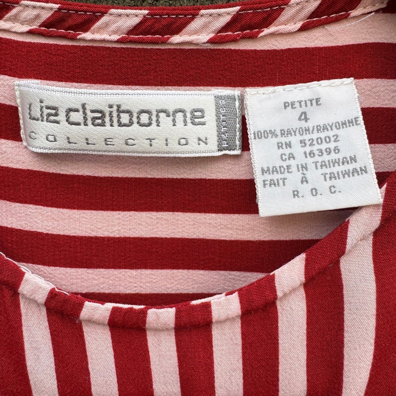 Liz Claiborne Vintage Red Pink Striped Button Shoulder Blouse Womens 4 Nautical