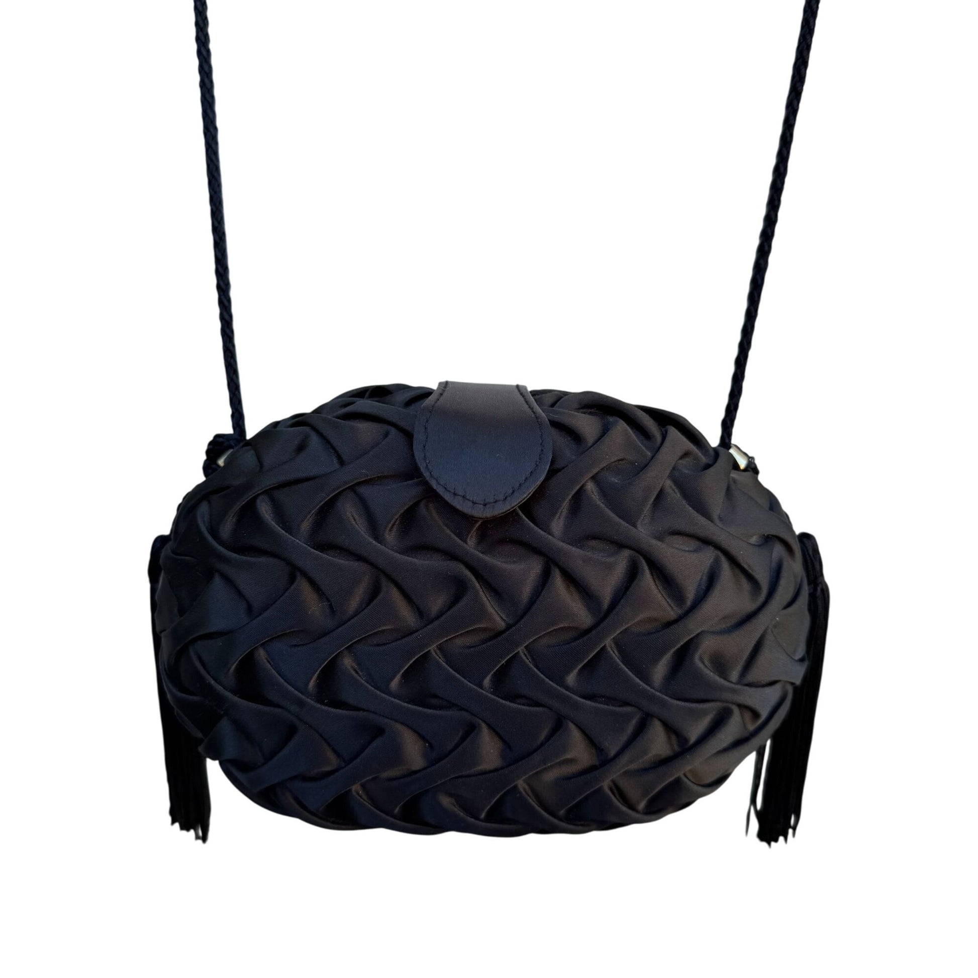 La Regale Handmade Black Woven Crossbody Clamshell Evening Bag Tassels Gold Snap