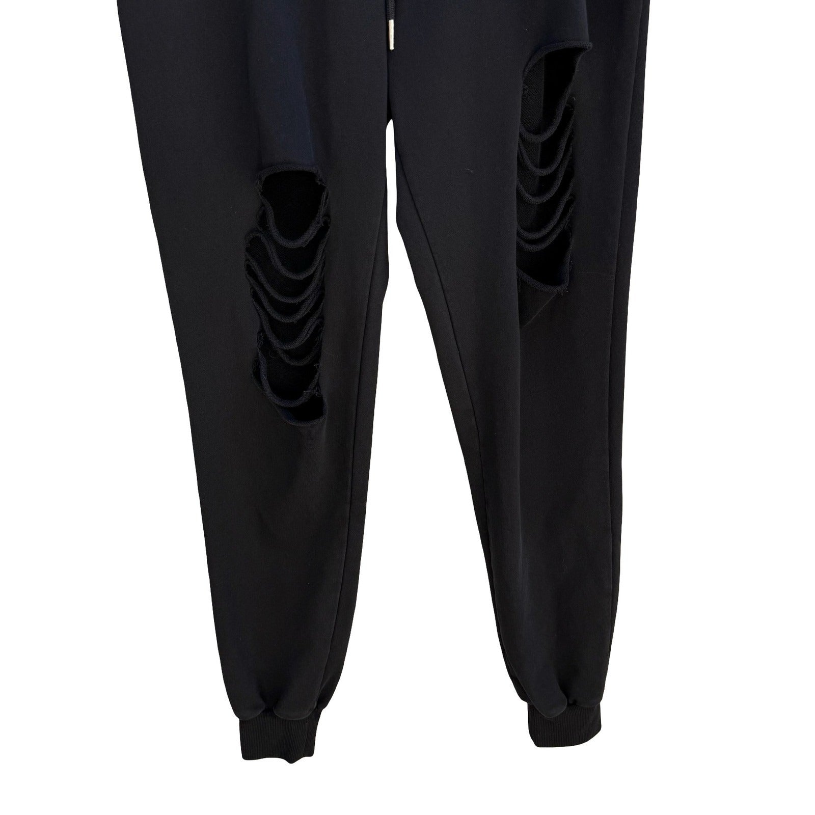Distressed Thrashed Ripped Jogger Sweatpants Streetwear Edgy Grunge Black Mens L